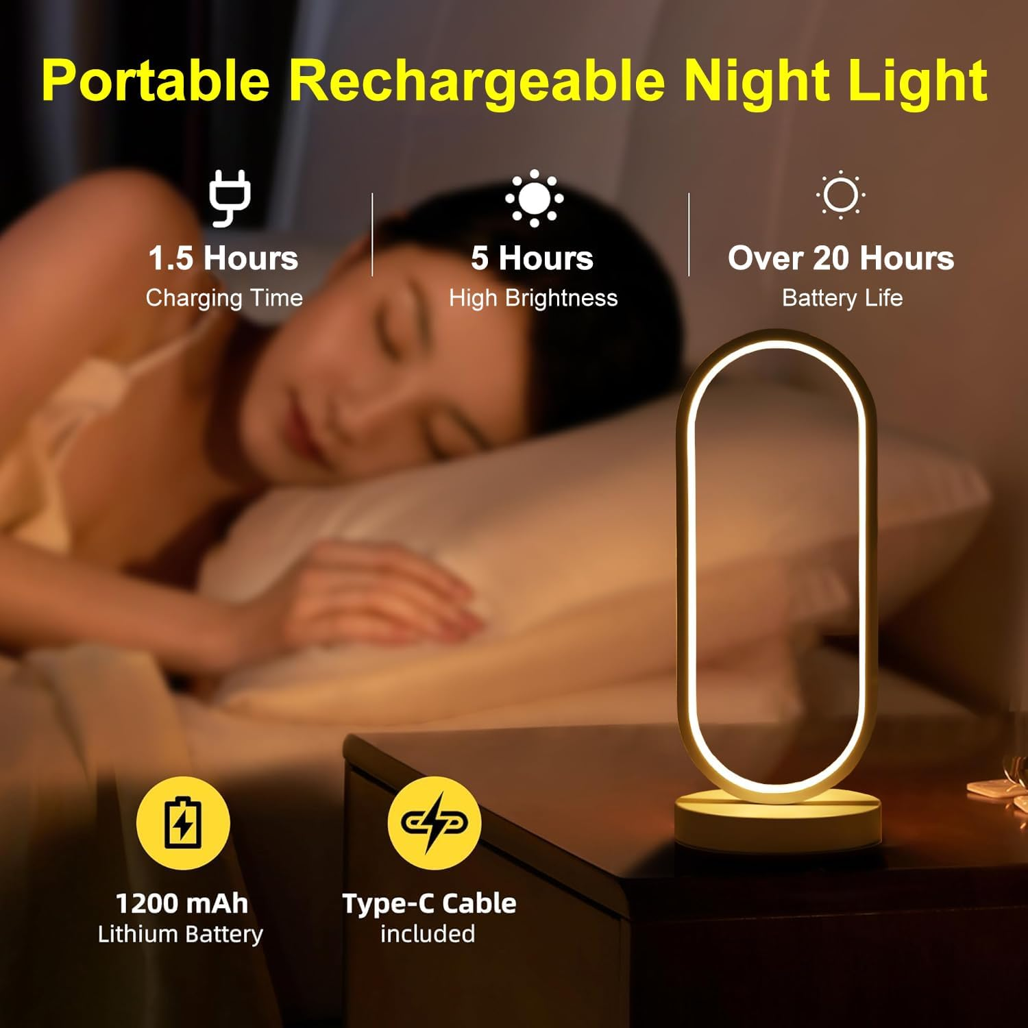 Modern Bedside Table Lamp, Led Oval Nightstand Light, Rechargeable Dimmable Nightstand Lamp, 3 Color Temperatures and 10 Brightness Levels Desk Lamp for Living Room, Bedroom Home Decoration image number 2
