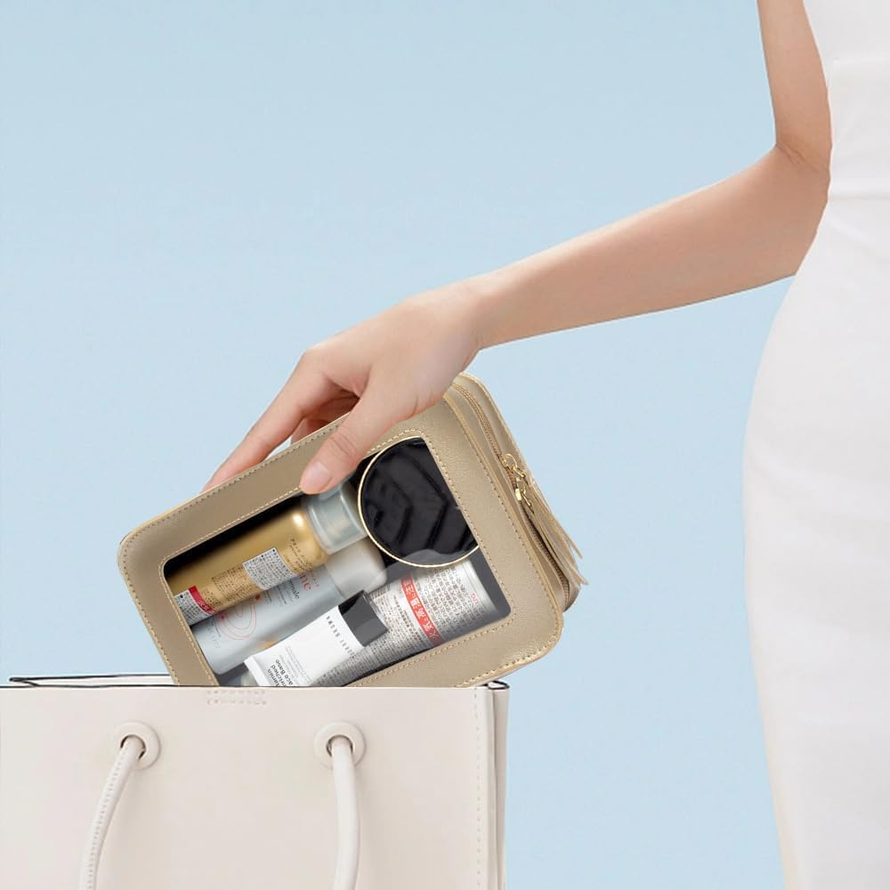 Clear Makeup Bag Small, TSA Approved Portable Toiletry Bag with Zipper Cosmetic Travel Bag Makeup Organizer Case Mini Makeup Pouch for Purse Car Organizer Bag for Women Men, Gold C, Clear Tsa Approved - 1-Black Set image number 3