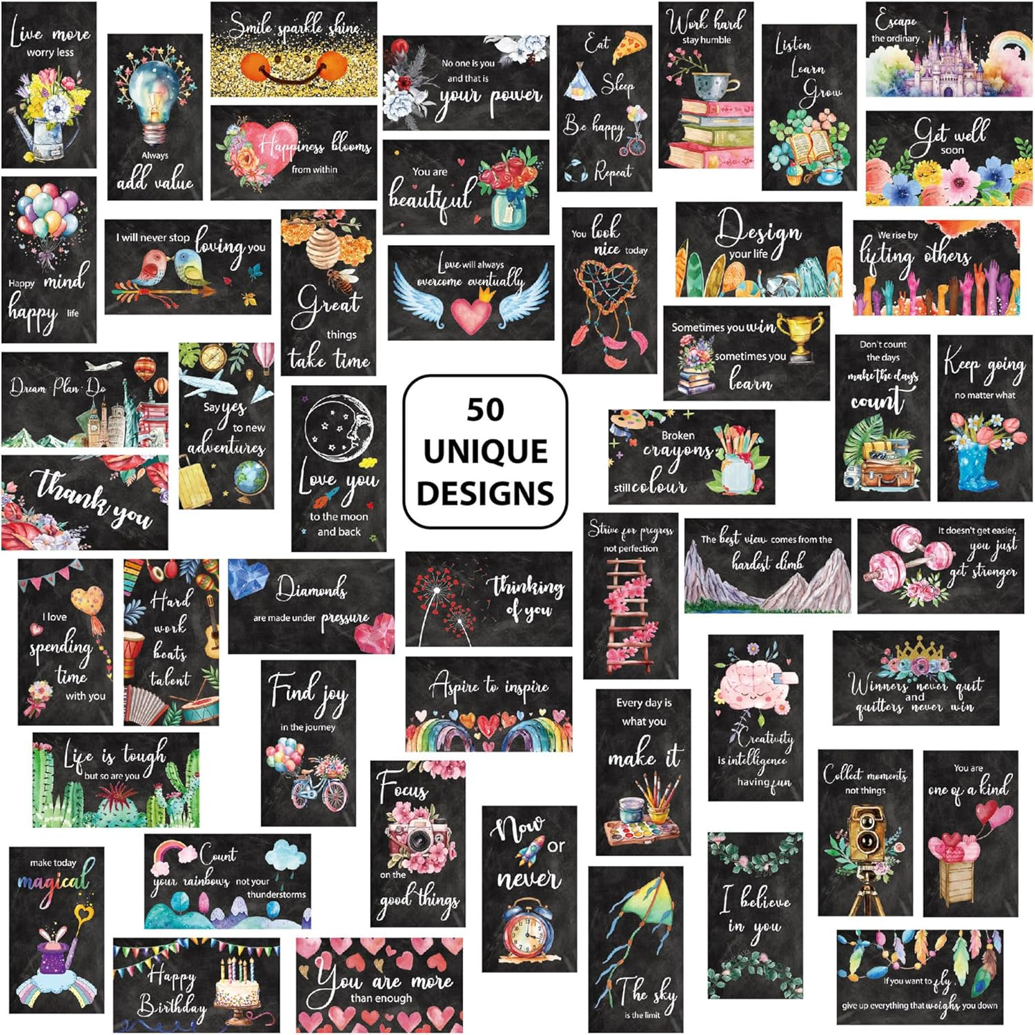 50Pcs Assorted Inspirational Cards Motivational Encouragement Kindness Mini Note Cards Positive Affirmations Cards Chalkboard Design-8.8X5.1Cm image number 2