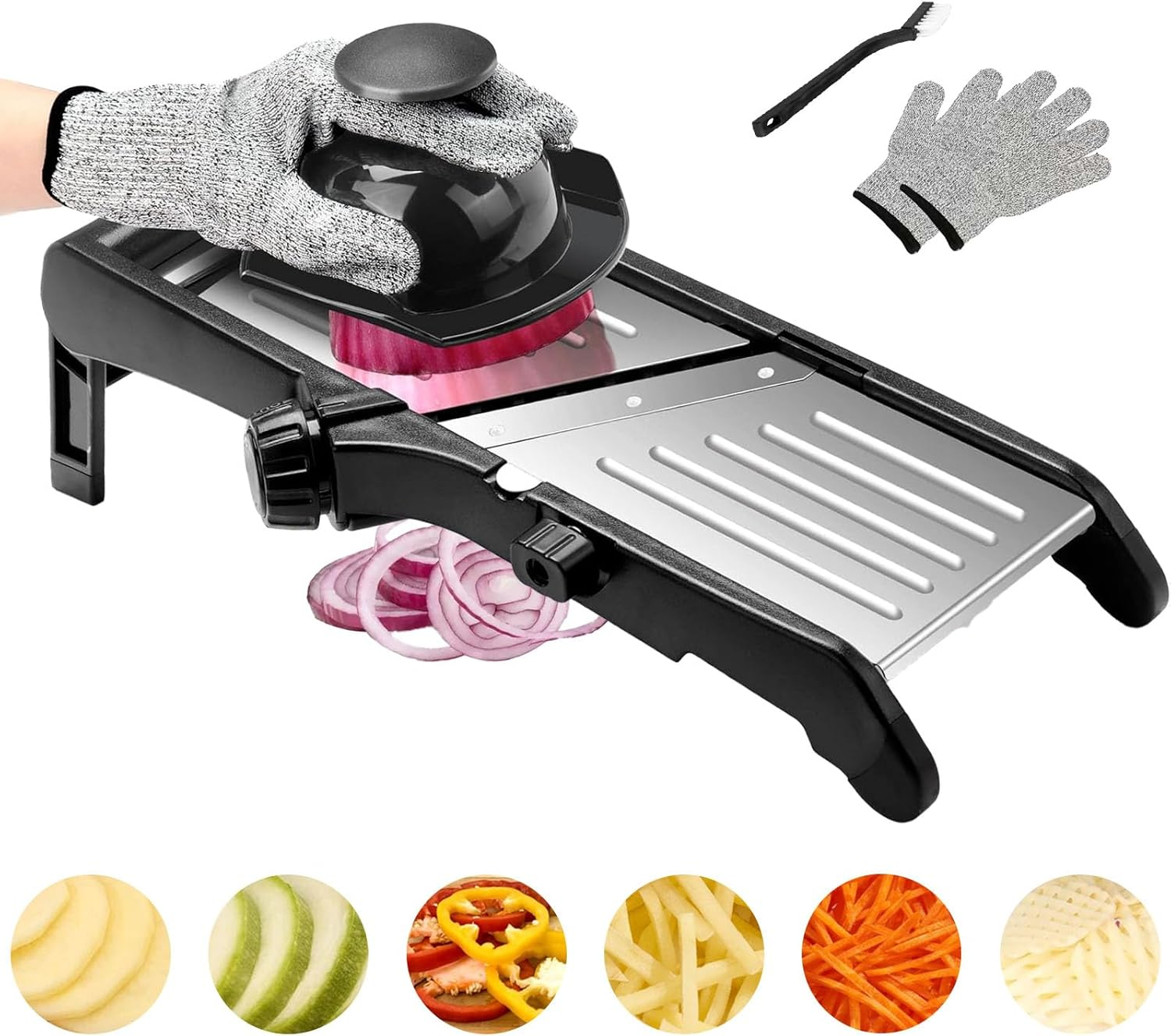 Anowker Multi Purpose Adjustable Handheld Mandoline Slicer for Kitchen, Stainless Steel Onion Cabbage Potato Vegetable Food Slicer with Cut-Resistant Gloves image number 1