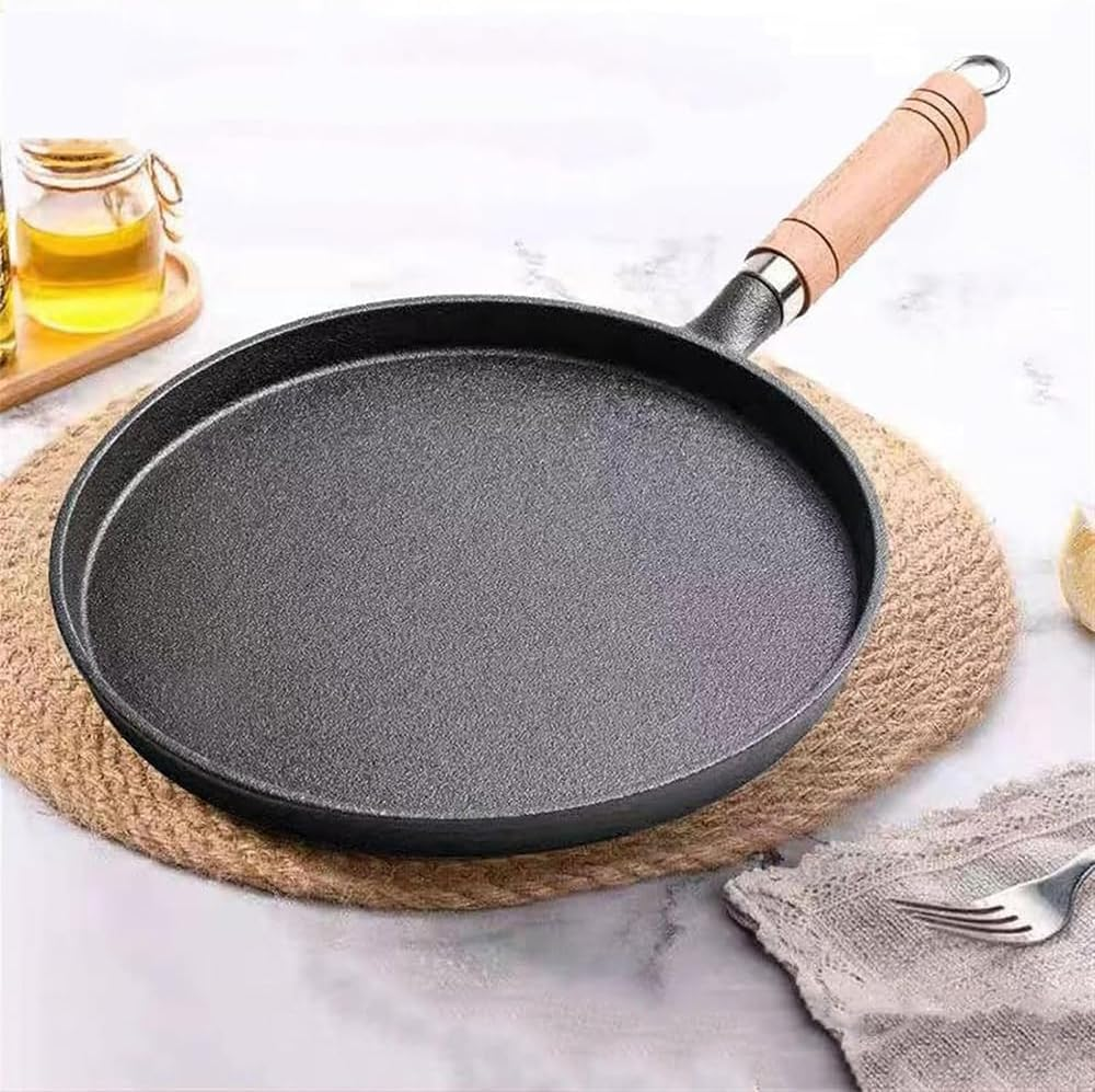 Cast Iron Skillet Pancake Pan round Griddle Thick Nonstick Egg Frying Pan Tortilla Crepe Pans Anti-Scalding Wooden Handle Uncoated 26Cm
