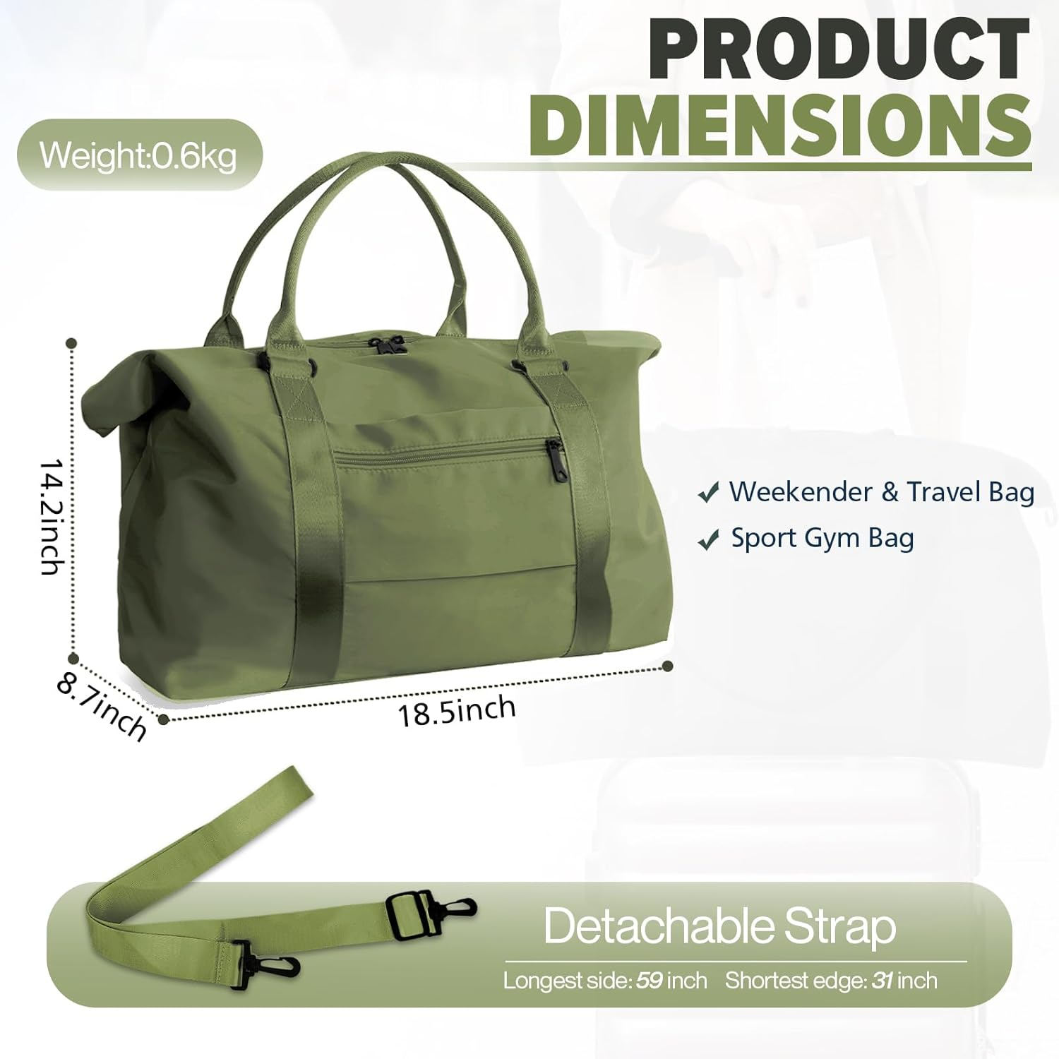 Travel Duffel Bag, Weekender Travel Bag Men Small Gym Bag for Women, Hospital Bag for Labor and Delivery, Overnight Bag Luggage Bag with Trolley Sleeve, Airplane Travel Essentials for Flying, Green - Arpicot Yellow image number 6