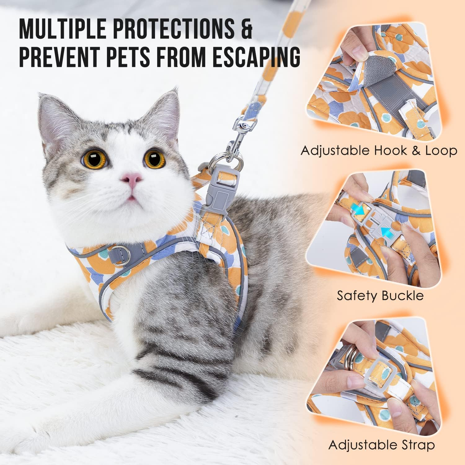 AUTOWT Cat Harness and Leash, Breathable Kitten Escape Proof Harnesses, Adjustable Reflective Puppy Vest Harness with Leashes Set Soft Pet Safety Jacket for Outdoor Walking image number 3