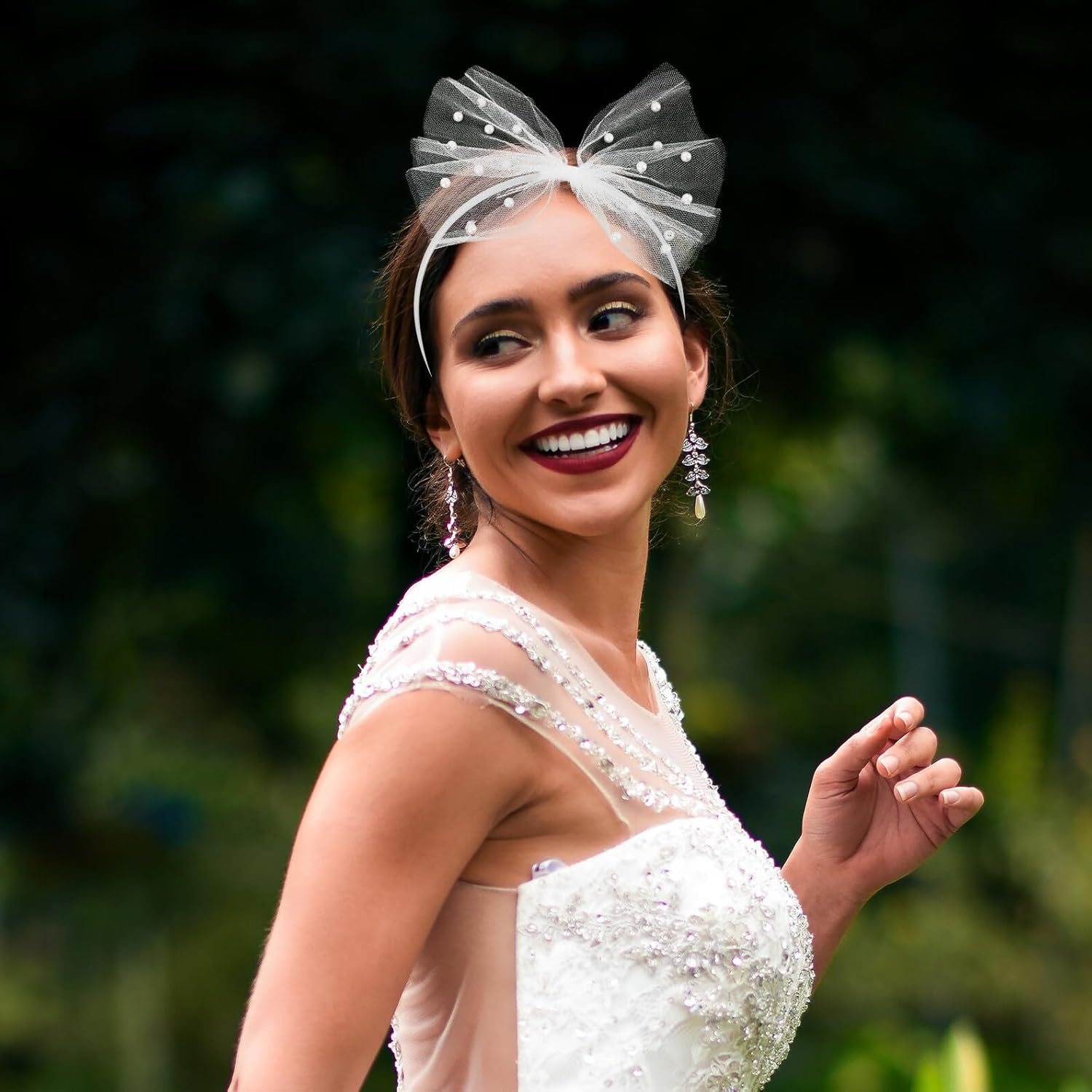 LIFKOME Tulle Bowknot Hairband Bead Embellishments White Bow Headband for Women and Party Wedding Hair Accessories image number 2