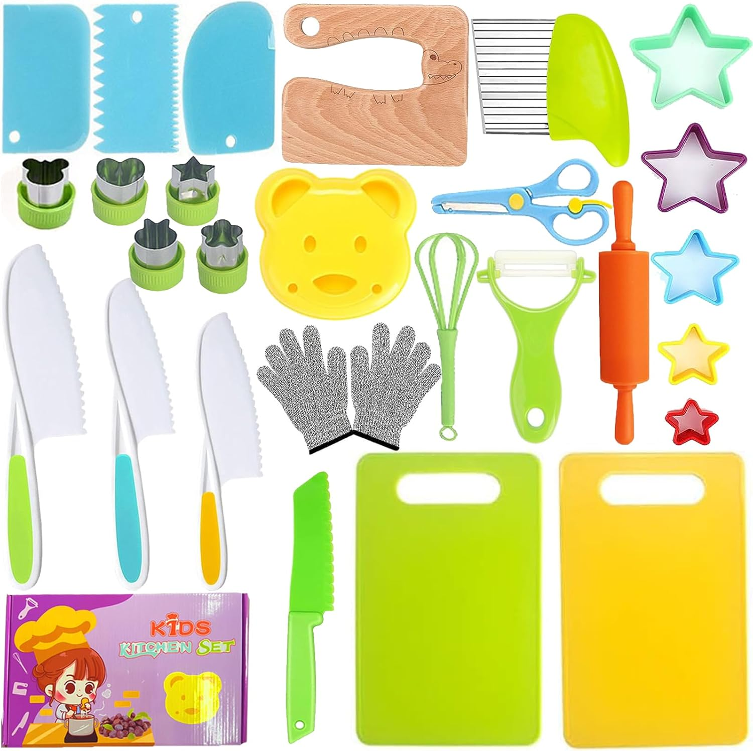 Kids Knife Set,28Pcs Toddler Knife Set,Kids Knife Set for Real Cooking with Gloves,Crinkle Cutter,Fruit Cutter,Dough Cutters,Kids Cutting Board and Wooden Safe Knives for Cooking Fun and Present