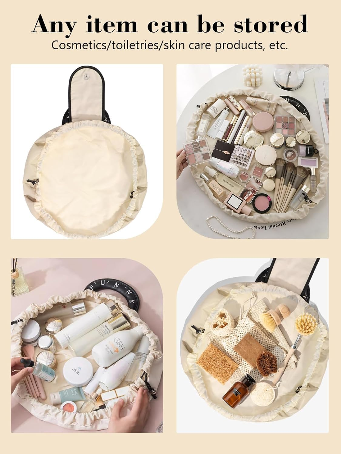 Lay Flat Makeup Bag, Drawstring Storage Bag, Flat Lay Cosmetic Bag, Beige image number 2