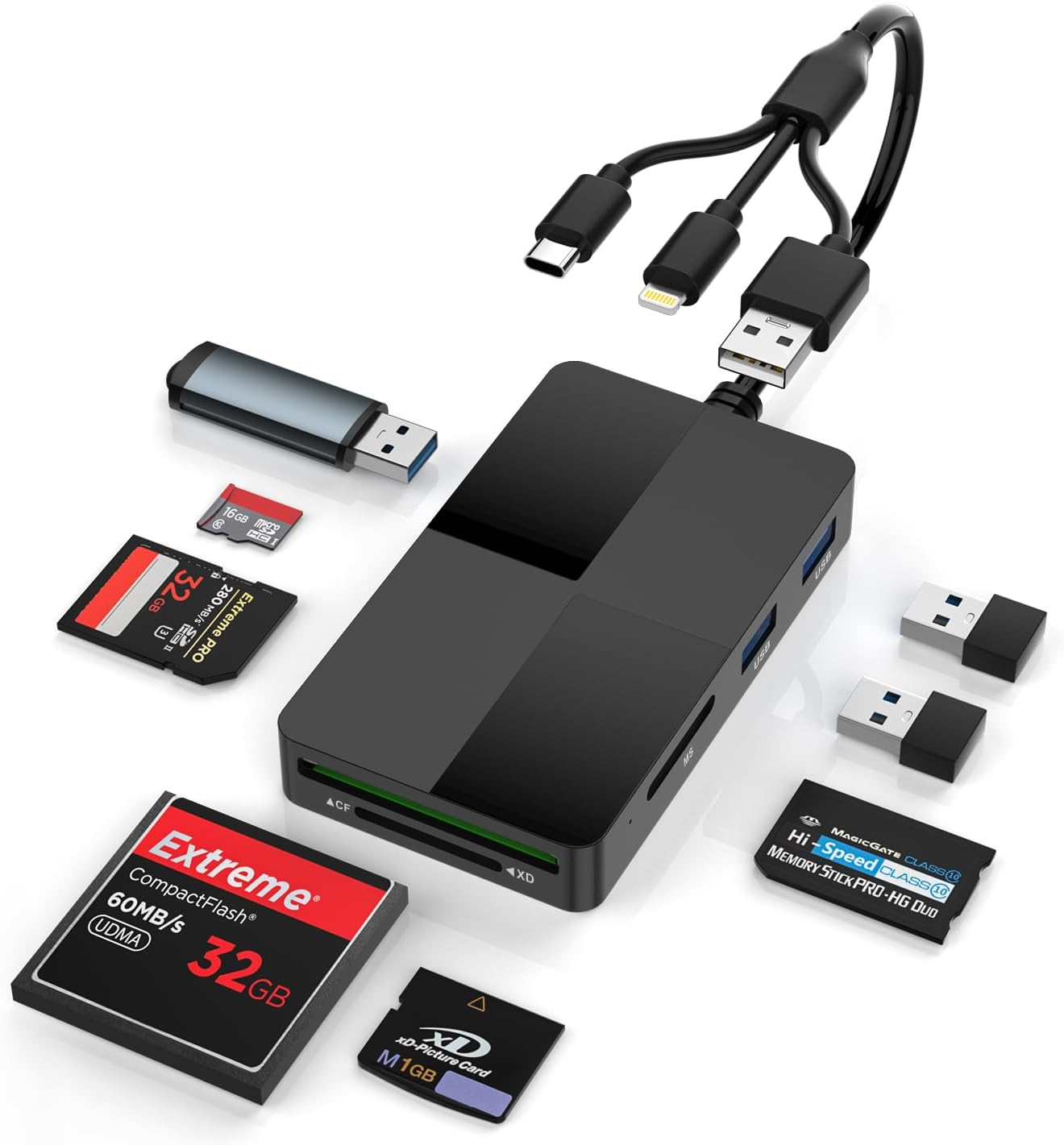 8 in 3 SD Memory Card Reader with 3 USB 2.0 Ports, Plug-And-Play Lightning/Usb-A/Usb-C SD Card Reader, SD/TF/CF/MS/XD Card Reader Compatible with Iphone/Ipad/Android/Mac, Memory Stick Pro Duo Adapter image number 6