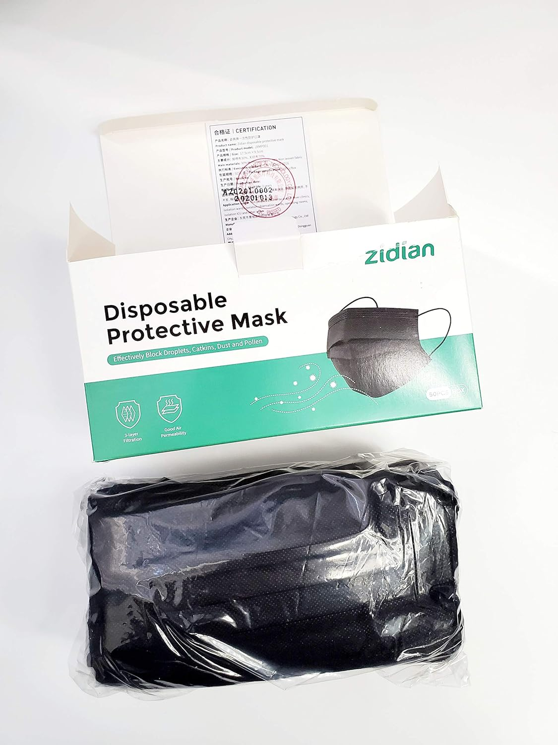 50 Pack Individually Packaged Disposable Black Face Mask Cover for Adults, Single Use 3 Ply Protectors with Elastic Earloops image number 4