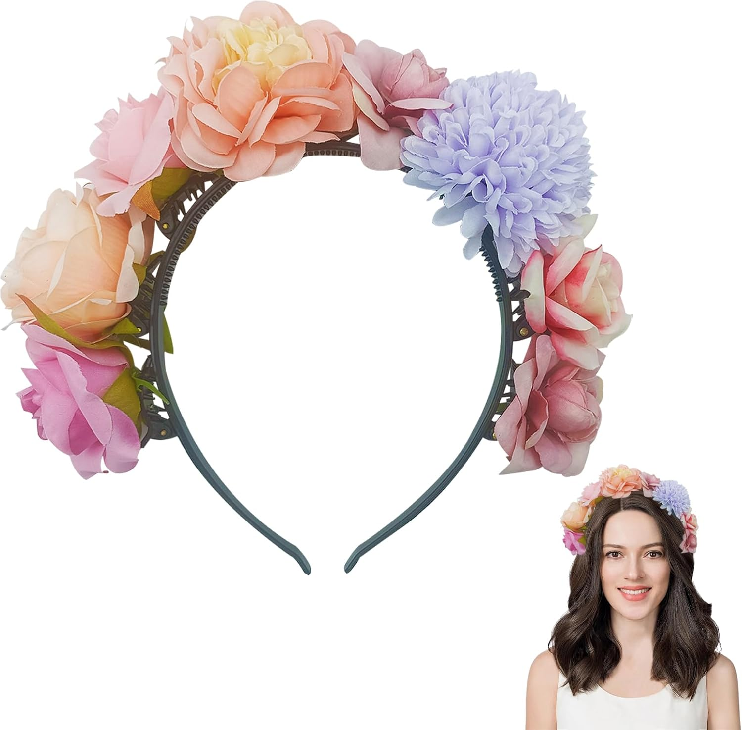 KASESSS 1 Pcs Floral Crown Flower Headband, Multicolour Flower Headband, Floral Headband for Women Girls, Flower Wreath Head Band, Flower Hairband for Festival Party Wedding Beach Birthday Cosplay image number 3