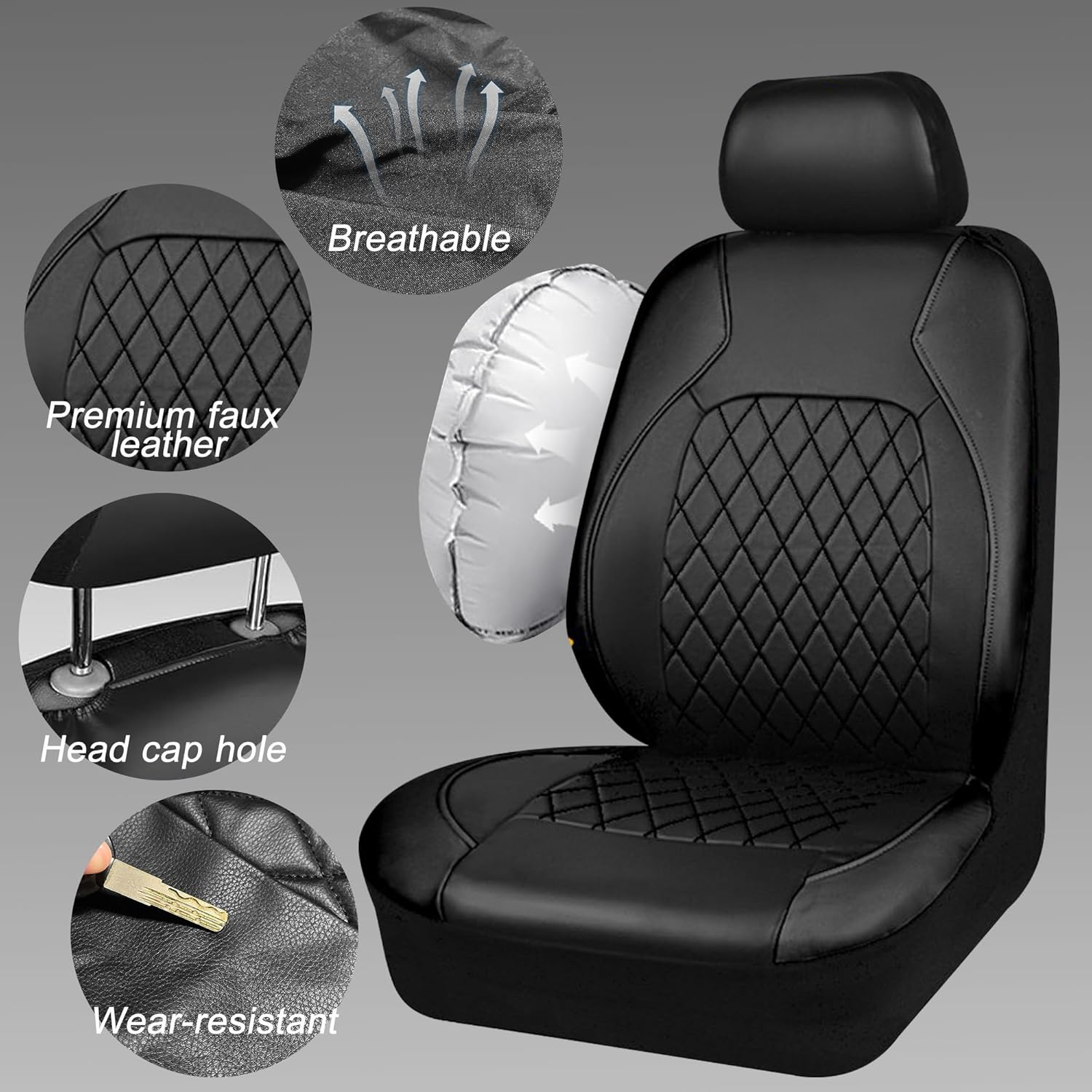 Car Seat Cover Leather Front Seats 2 Pieces, Automotive Front Seat Covers with Comfortable Mesh Back, Full Arround, Universal Fit Waterproof Seats Cushions Protectors for Sedan Vans SUV (Black) image number 3