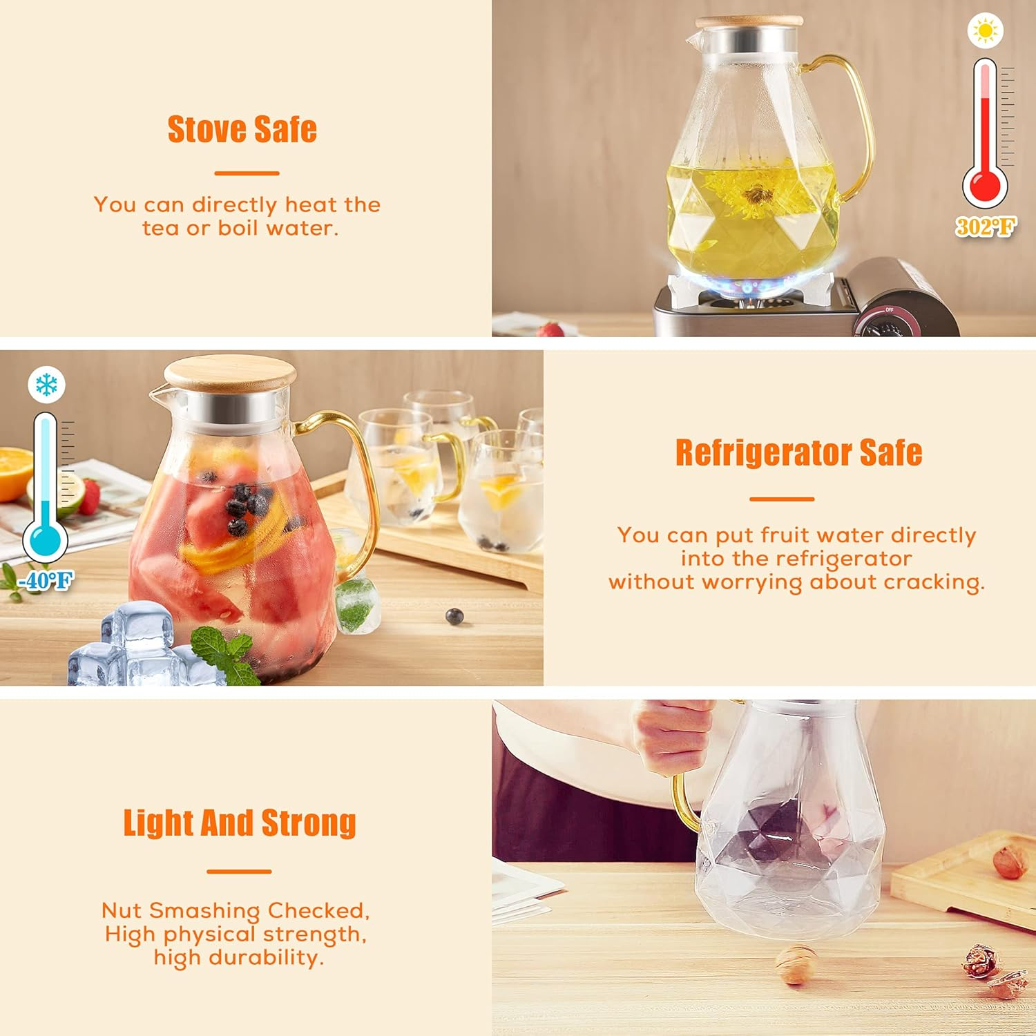 DUJUST Glass Pitcher with Lid [68 Oz], Elegant Diamond Design Water Pitcher with Handle, Decoration for Room, High Durability Water Glass Carafe for Ice Tea Maker, Beverage, Hot/Cold Coffee - 1 Pitcher Black image number 3