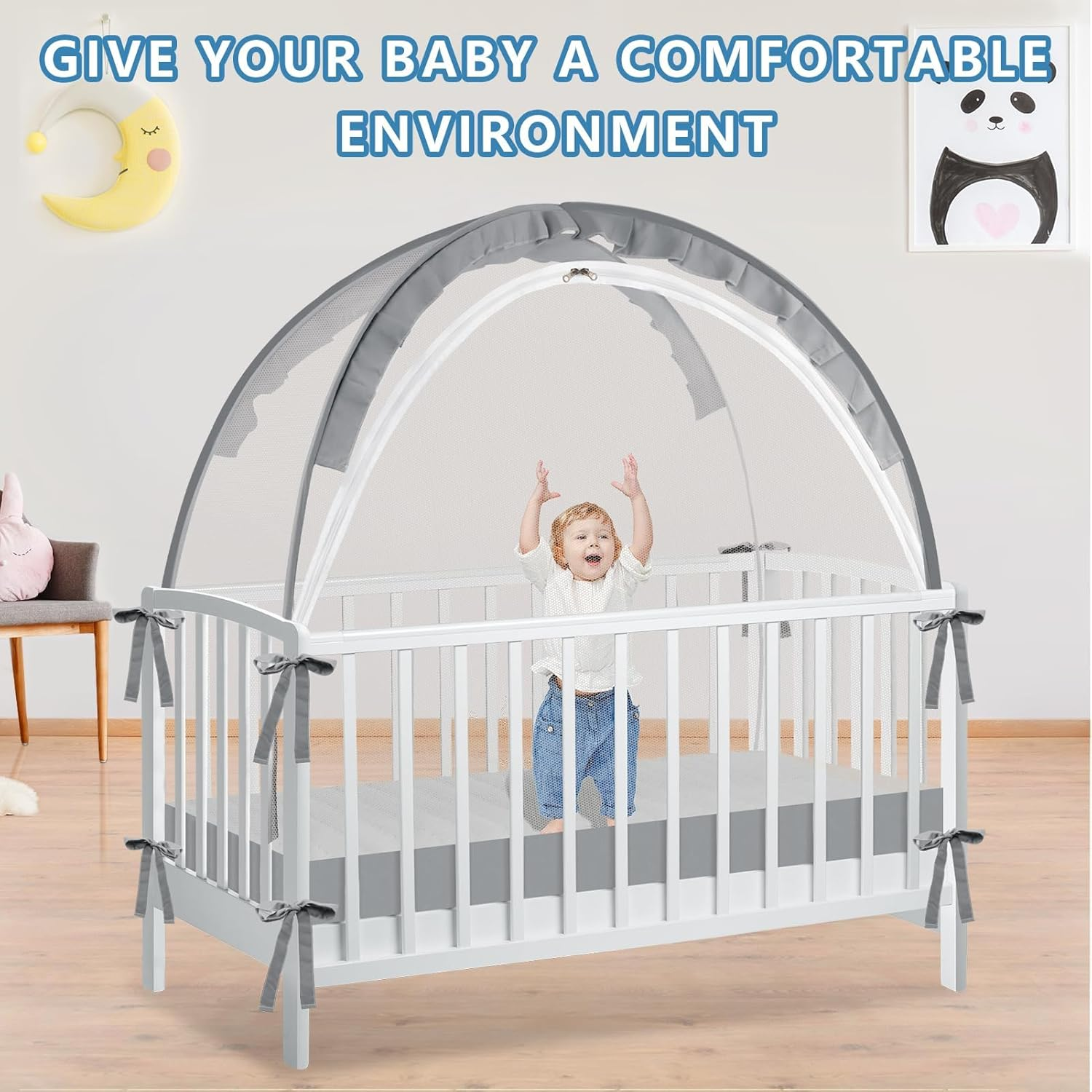 Koeay Pop up Crib Tent Canopy, Crib Tent to Keep Baby from Climbing Out - Crib Net to Keep Baby In, Breathable Cribs Cover Canopy with Upgrade Strong Mesh and Durable Zipper(Grey, 70 X 130 Cm) image number 6