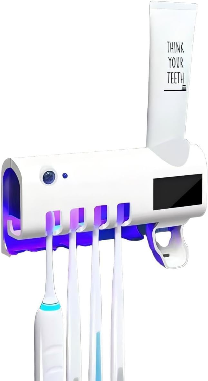 UV Toothbrush Holder,Uv Toothbrush Sanitizer,Uv Toothbrush Sterilizer,Toothbrush Case,Wall Mounted,With Toothpaste Dispenser,Sensor,Rechargeable and Solar Powered,Work in Dark (White)