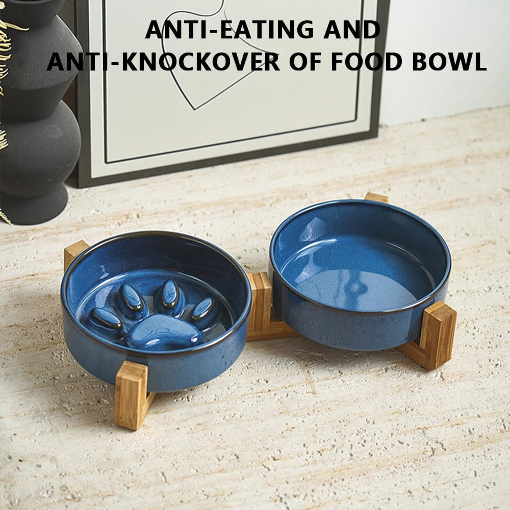 HYAVIA Ceramic Dog Bowl Set with Wooden Stand &ndash; 450 ML Non-Slip Food & Water Bowls for Small and Medium Dogs & Cats, Matte Glaze, Raised Slow Feeder Dish to Prevent Choking (Blue) image number 2
