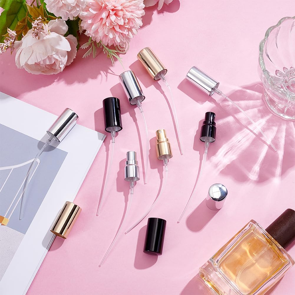 WEBEEDY Pack of 12 Replacement Atomizer Caps, Reusable Spray Bottle Caps, Fine Sprayer Caps for Essential Oil, Perfume, Cosmetics, 17 Mm Pump Head Cap (Black, Gold, Silver) image number 4