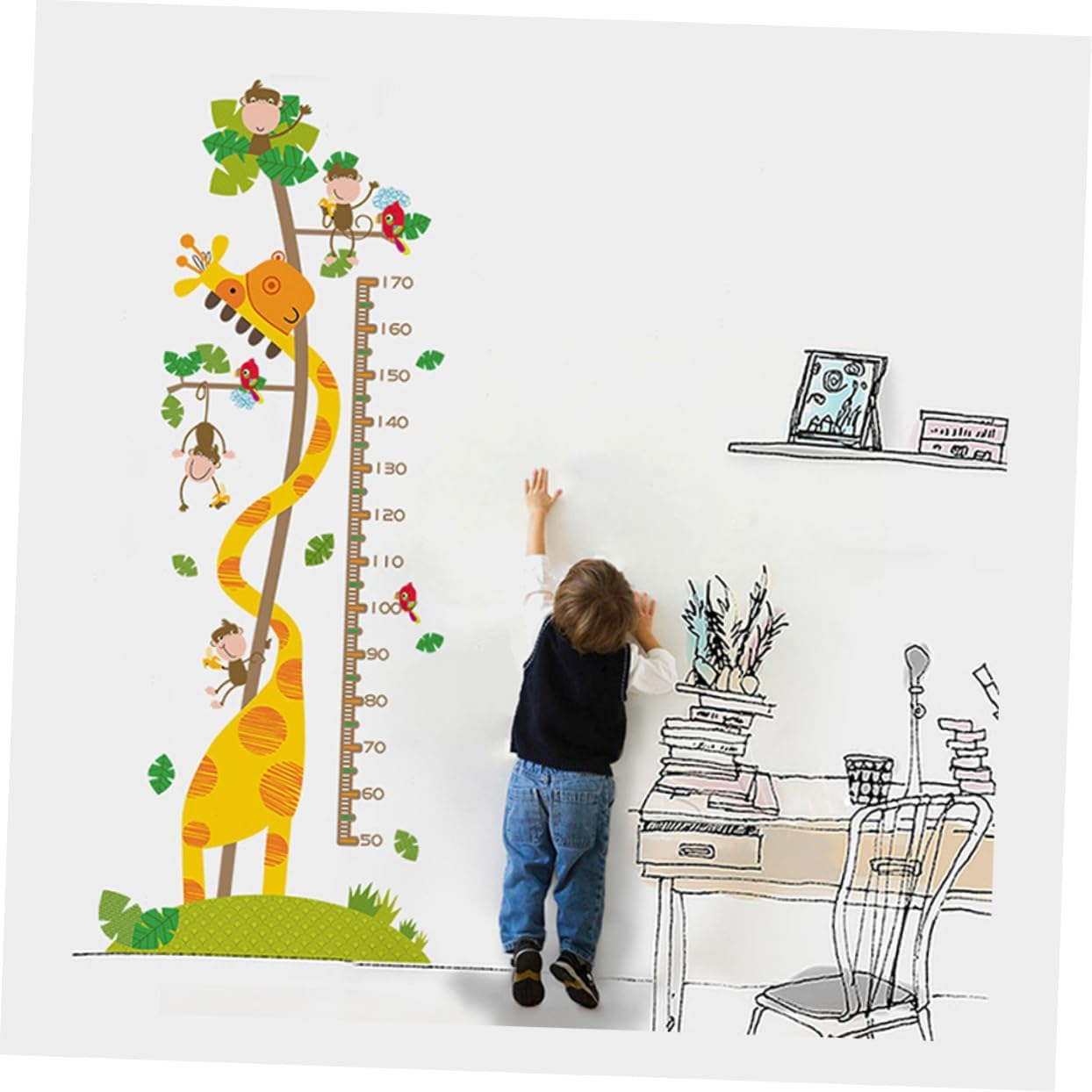 Animal Design Adhesive Height Chart Sticker Removable PVC Growth Chart Decal Featuring Giraffe and Monkey for Kindergarten Living Room and Nursery Decor image number 4