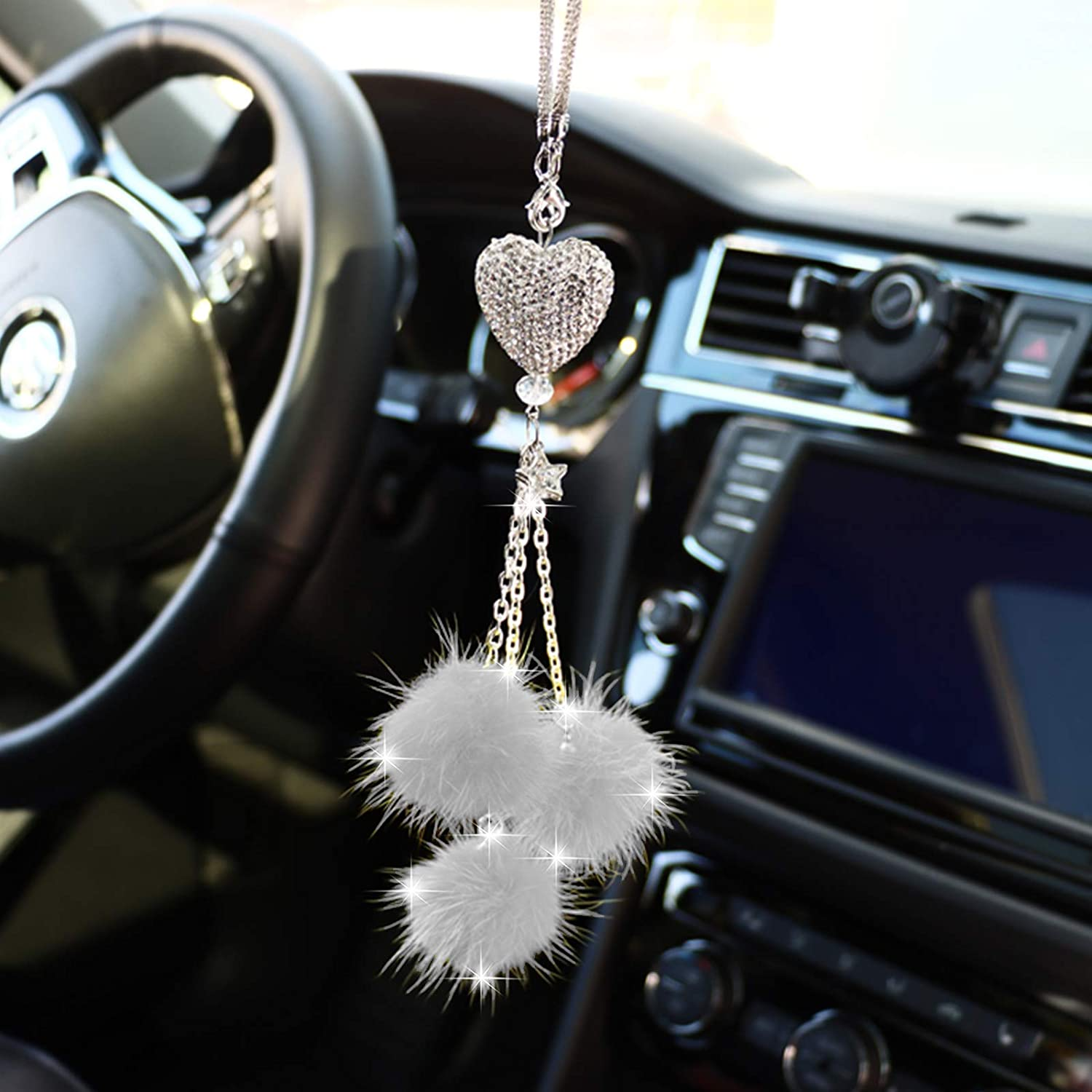 Bling Car Accessories for Women &pound;&brvbar; Men Bling White Heart and Pink Fuzzy Drops Bling Rinestones Diamond Car Accessories Crystal Car Rear View Mirror Charms,Lucky Hanging Accessories (Gray) - Pink image number 2