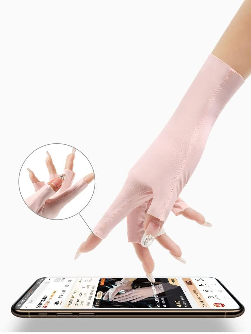Women Fingerless Gloves Summer UV Protection Gloves Cool Ice Silk Gloves Sun Block Driving Gloves Unisex - Pink+Black image number 2