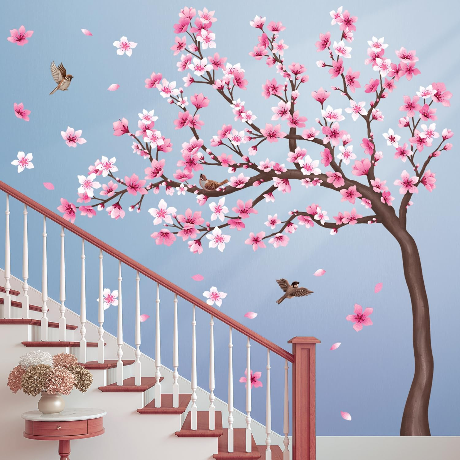 DECOWALL SG4-2431 Cherry Blossom Tree Wall Stickers Decals Kids Room Bedroom Living Flower Branch D&eacute;cor Pink Tv Birds Art Background Peel and Stick image number 1