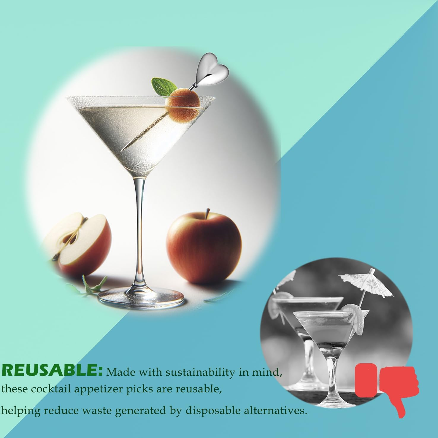 Heart Cocktail Picks for Drinks 4 Inch Stainless Steel Reusable Martini Picks Cocktail Garnish Skewers for Olive, Twist, Berry, Beach Style Decor 6-Piece image number 6