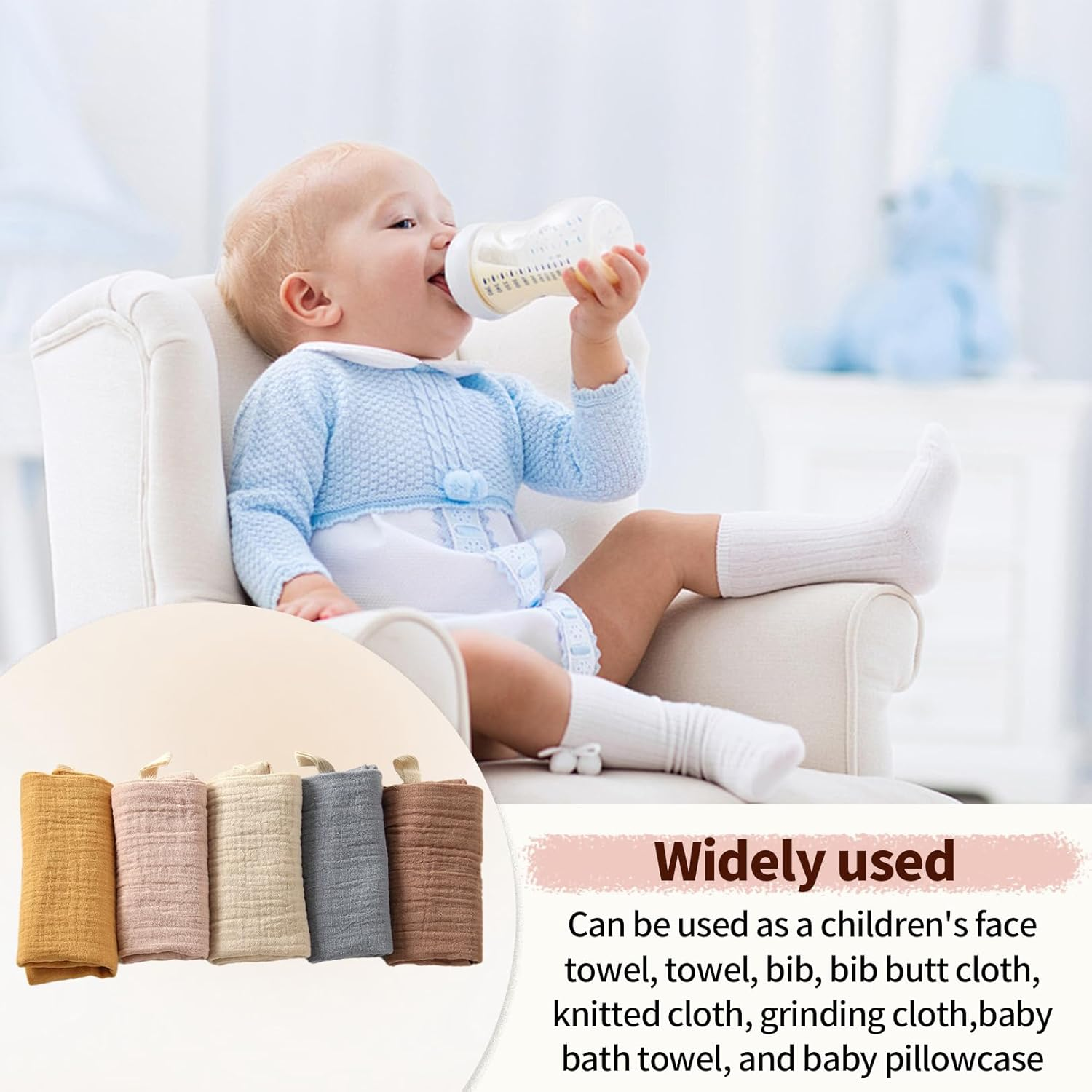 Toumett 5 Pcs Muslin Cloths for Baby,Wash Face Muslin Squares,Baby Essentials for Newborn,Burp Cloths,Natural Cotton,For Newborn Baby/Boy/Girl Wiping Bathing Feeding (23X22Cm) image number 3