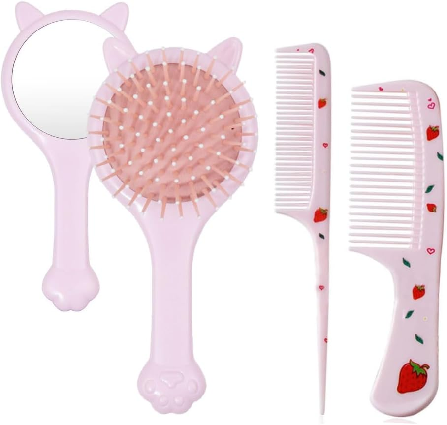 3Pcs Girls Hair Brush & Comb Set - Detangling Brush with Mirror & Wide Tooth Combs for Kids Curly Straight Long Hair, Pink Cat/Strawberry image number 4