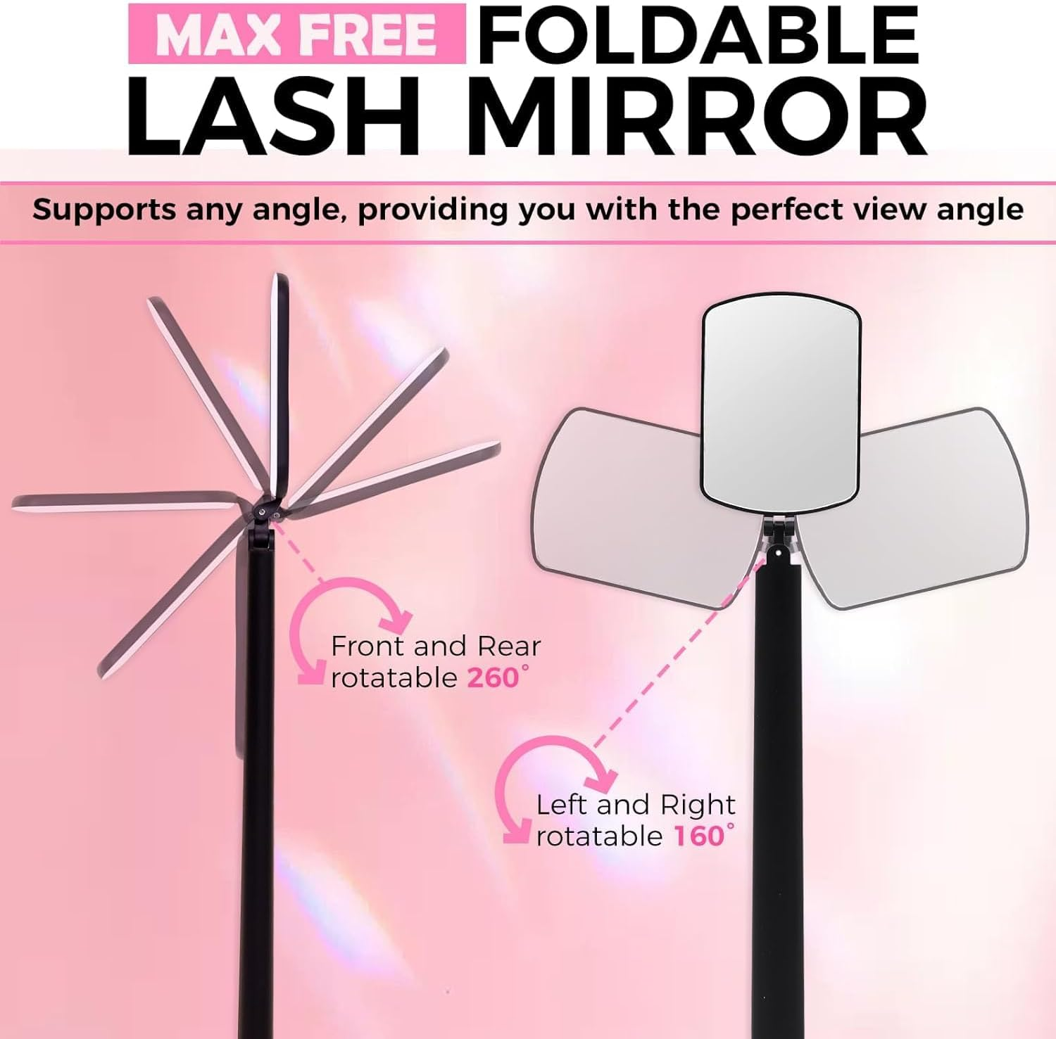 Lash Mirror, Grafting Eyelash Makeup Mirror, Multifunctional Eyelash Grafting Mirror, Square Folding Mirror, Lash Extension Supplies (Black) image number 2