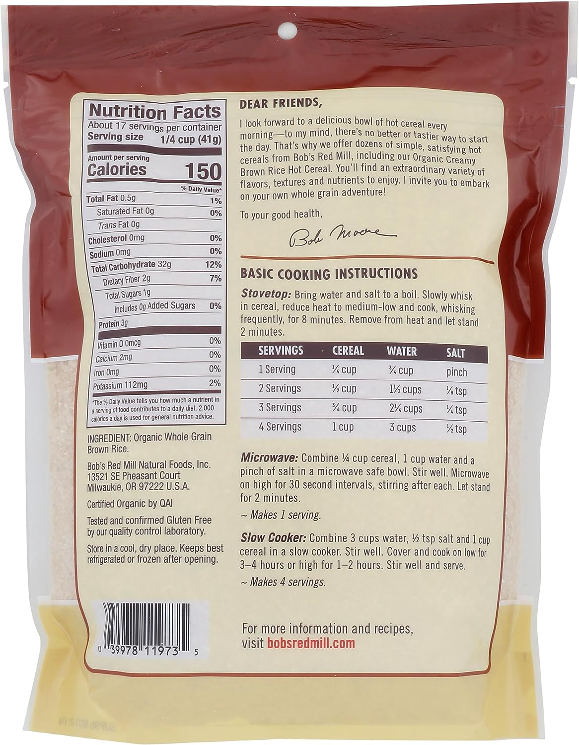 Bob'S Red Mill Organic Brown Rice Creamy Rice Hot Cereal, 680 G, No Flavor Available image number 1