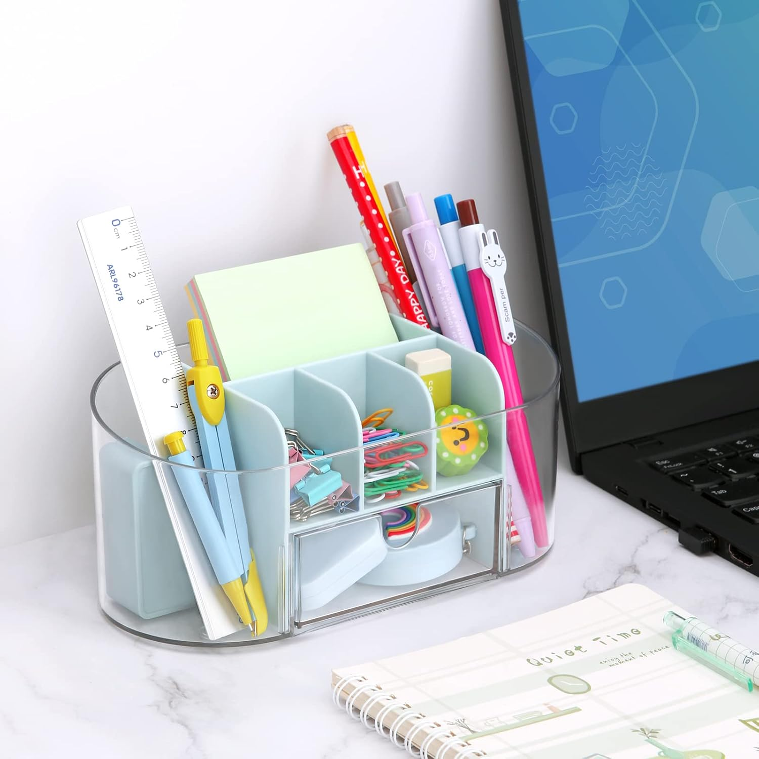 LETURE Clear Desk Organizer with Drawer, Acrylic Pen Pencil Markers Holder, Clear Office Supplies and Accessories,Desktop Organizer for Room College Dorm Home School (Blue) - Blue image number 5