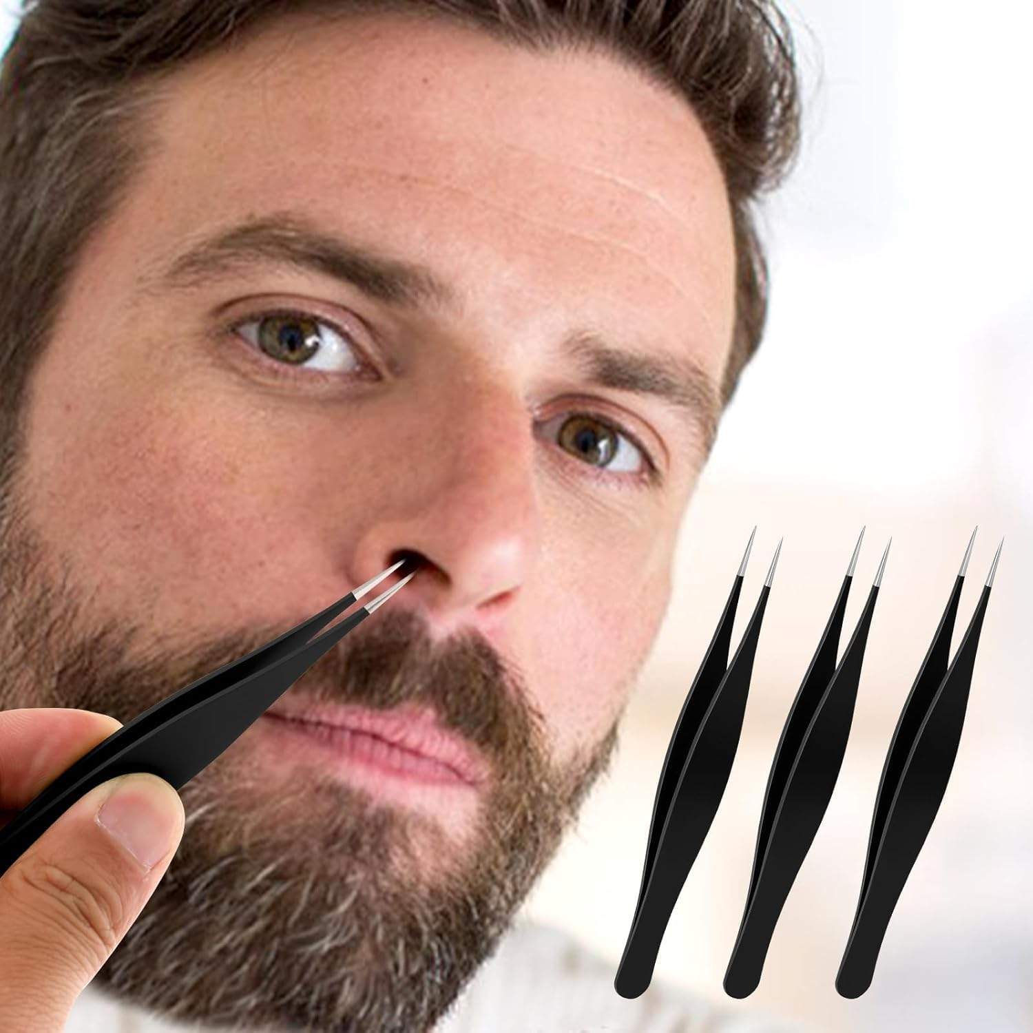 Fokmuaex Fine Point Precision Tweezers - Needle Nose for Facial Hair Removal (Nose Tip, Eyebrows, Lash, Chin) - Splinter & Ticks Remover - Ingrown Hair Tool for Women & Men - Black 4 Pcs