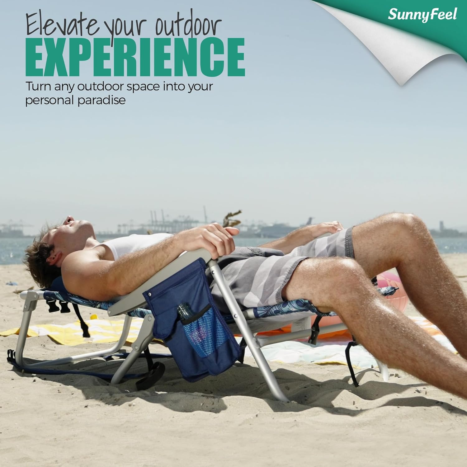 Sunnyfeel Reclining Beach Chair Outdoor Folding Lounge Chairs for Adults 5 Position Adjustable with Cooler Bag and Cushioned Neck Rest Backpack Straps, Blue