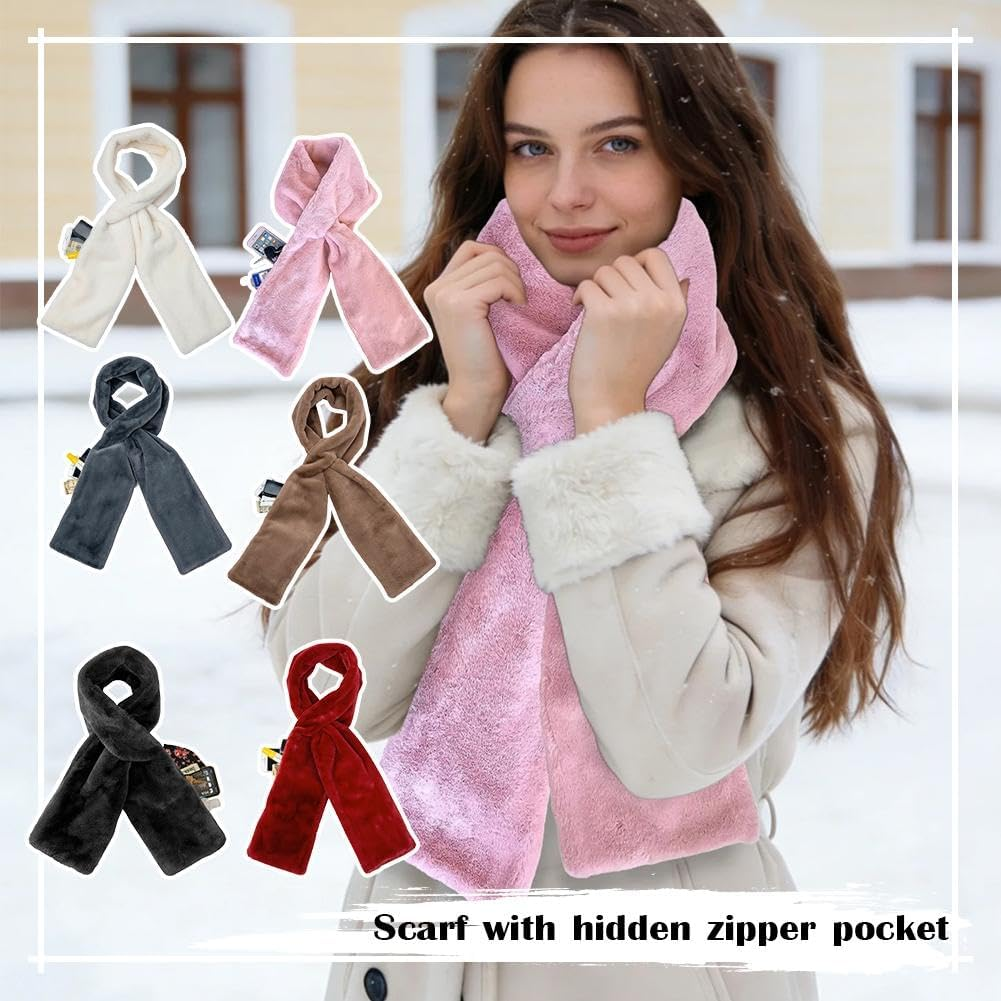 Faux Fur Pull through Scarf with Hidden Zipper Pocket, Soft Cozy Warm Pocket Scarf for Hands-Free Storage Phone & Valuables - Gray image number 2