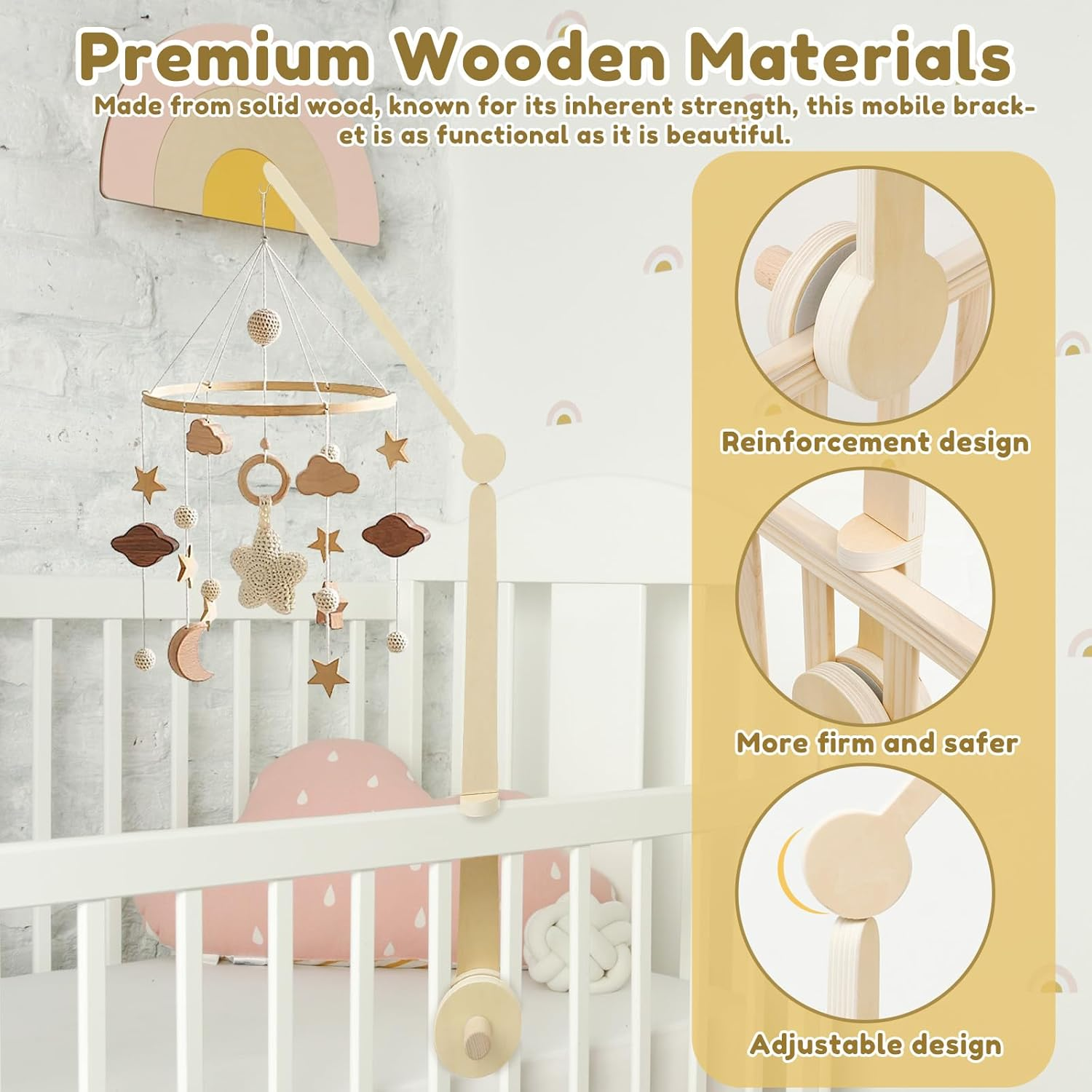 2-Height Adjustable Crib Mobile Arm, Natural Wood Hanger for Baby Bed Musical Toys, Fits Most Standard Baby Cribs & Cots image number 3