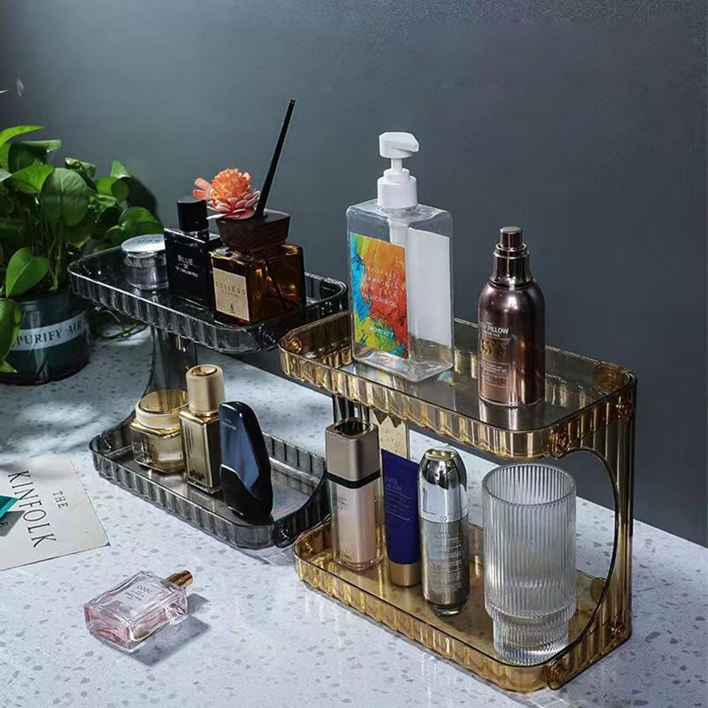 Hbluefat 2 Tier Bathroom Countertop Organizer, Clear Acrylic for Cosmetic Skincare Makeup Perfume, Vanity Dressing Table, Coffee Table Storage Rack Kitchen (Amber) - Amber image number 2