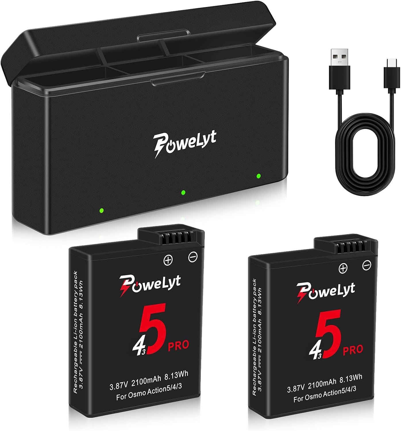 Powelyt Osmo 360/Action 6/5 Pro/4/3 Battery 2 Packs 3.87V 2100Mah Osmo Action 5 Pro Batteries and 3 Channels Charging Station Compatible with DJI Osmo Action 6/Action 5 Pro/Action 4/Action 3,Osmo 360