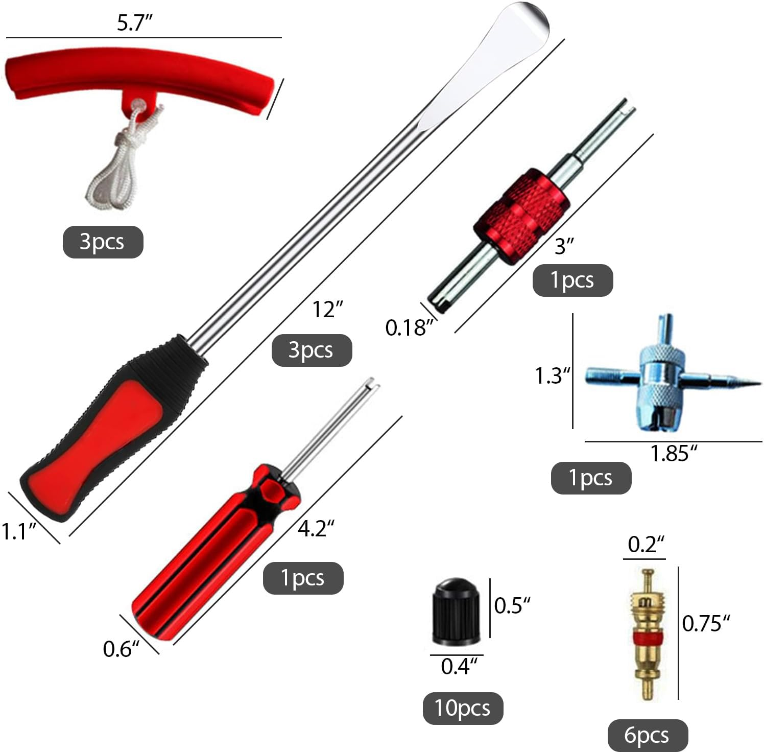Steel Tire Spoons Tool Set, 25 Pcs Motorcycle Professional Tire Changing Kit with 3 Tire Spoons, 6 Valve Cores, 2 Wrenches, 3 Rim Cover, 10 Valve Caps, 1 Removal Tool for Tires Changing image number 6