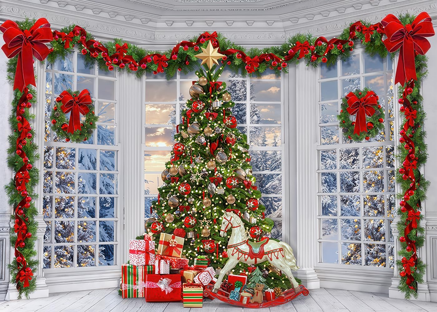 9X6Ft Christmas Window Backdrop for Photography Xmas Pine Tree Gifts Background Winter Snow Scene Merry Christmas Photo Backdrop Studio Props Banner image number 6