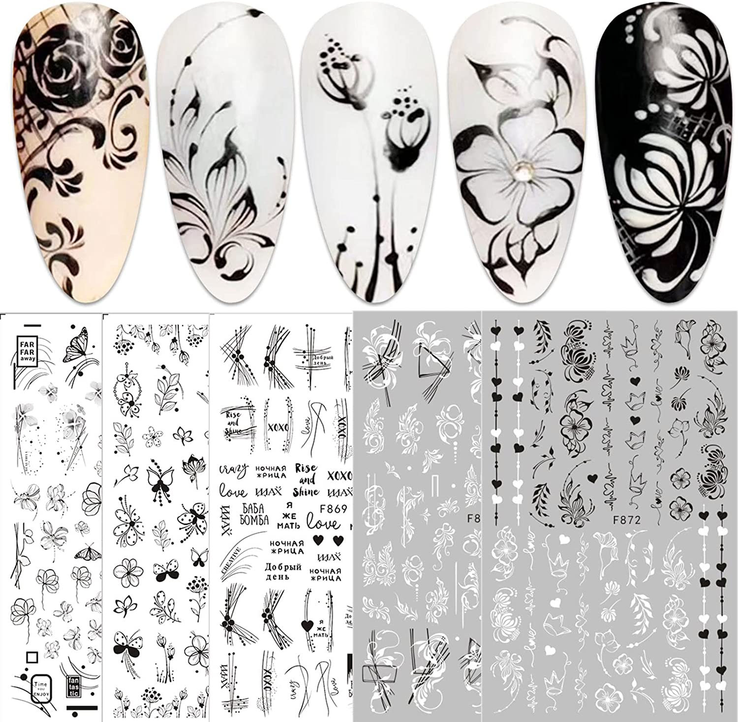 10 Sheets Flower Nail Art Stickers Decals Self-Adhesive Pegatinas U&ntilde;as Spring Floral Black White Blossom Nail Supplies Nail Art Design Decoration Accessories image number 1