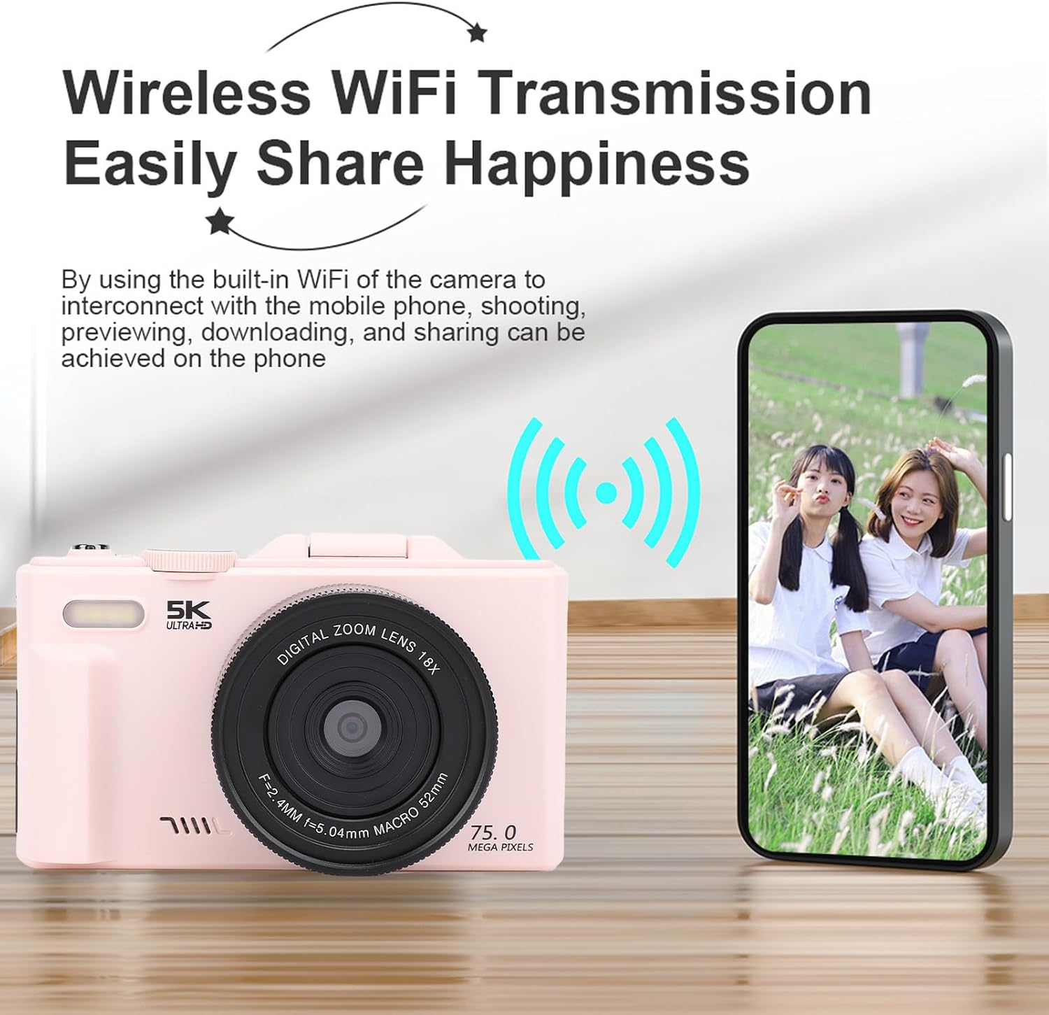 YUEHISY 5K 75MP Digital Camera for Youtube, 18X Zoom 180&deg; Flip Screen Vlogging Camera with Wifi, 3.0 Inch LCD Point and Shoot image number 3