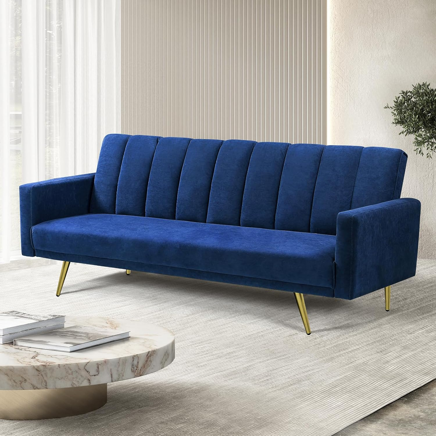 LEVEDE 3 Seater Sofa Bed Convertible, Velvet Loveseat Sofa Couch, Recliner Sofa Lounge with 3 Adjustable Backrest Positions, Spare Bed for Guest, Load up to 220Kg (197Cm, Blue)