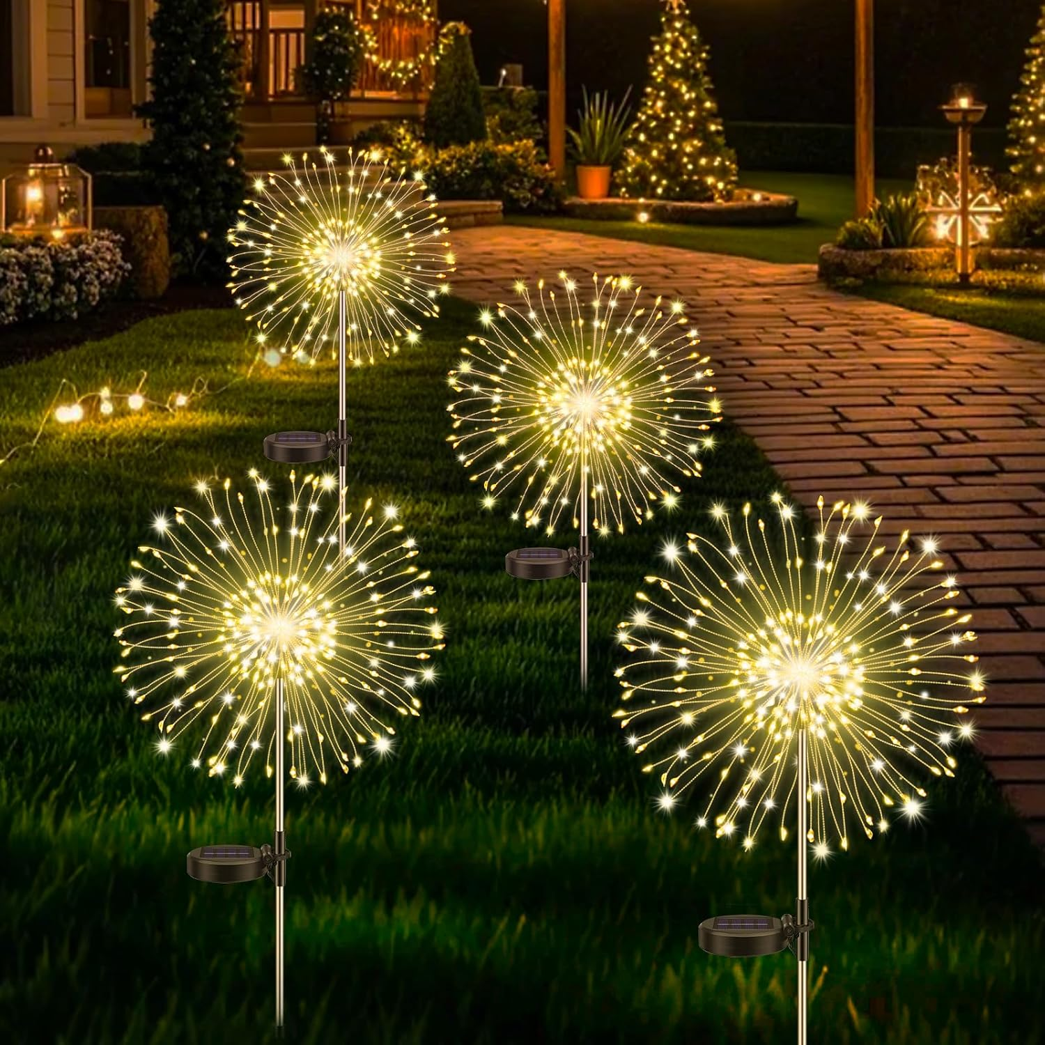 Pack of 4 Solar Lights Outdoor Garden, Dandelion Solar Firework Lights 120 Leds, 8 Modes Starburst Light, Garden Lamp Waterproof for Lawn Pathway Patio Yard Party Backyard Decoration/Warm White image number 6