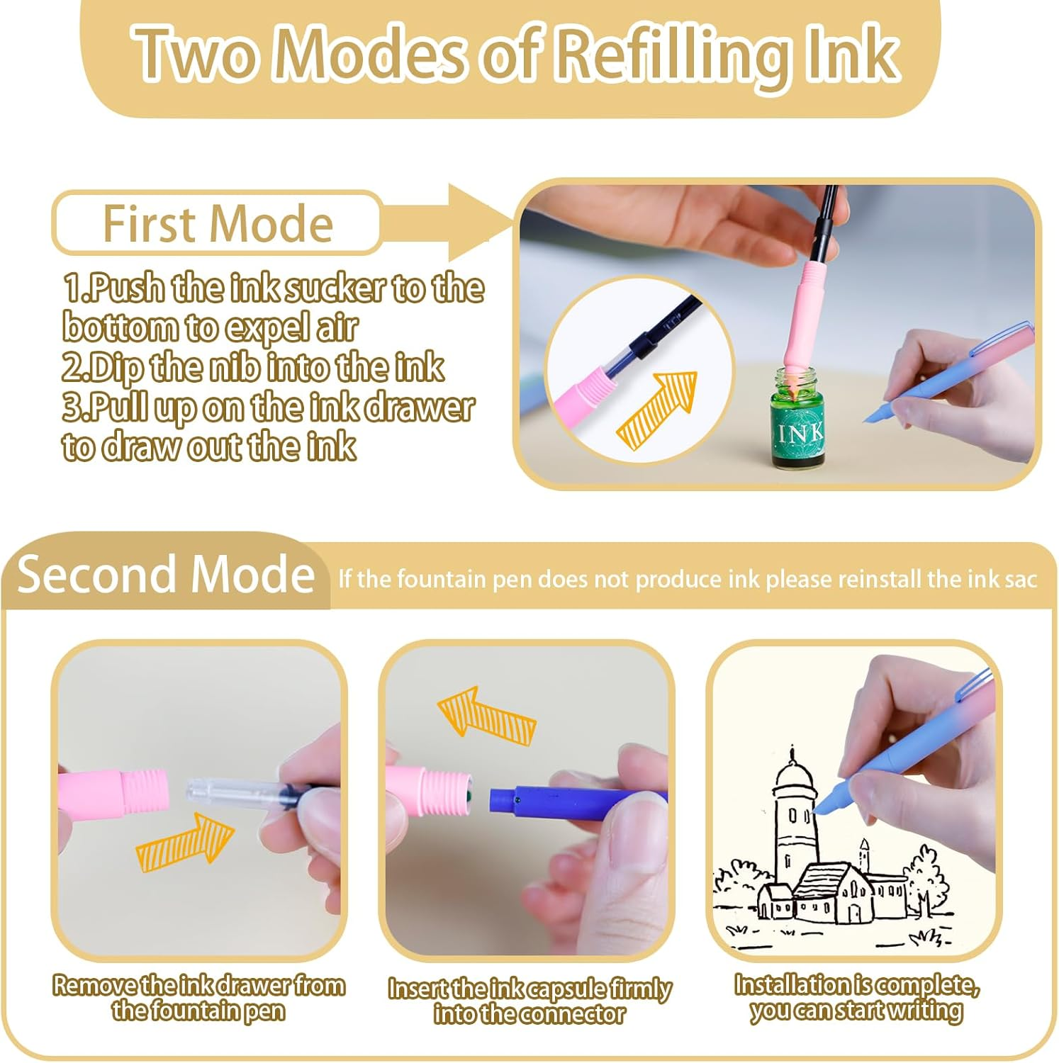 YRYUNRUI 8Pcs Retractable Fountain Pens with 20Pcs Erasable Ink Sacs, Refillable Fountain Pen for Writing, Smooth Writing Quick-Drying Flex Nib Fountain Pens for Calligraphy Journaling Office School