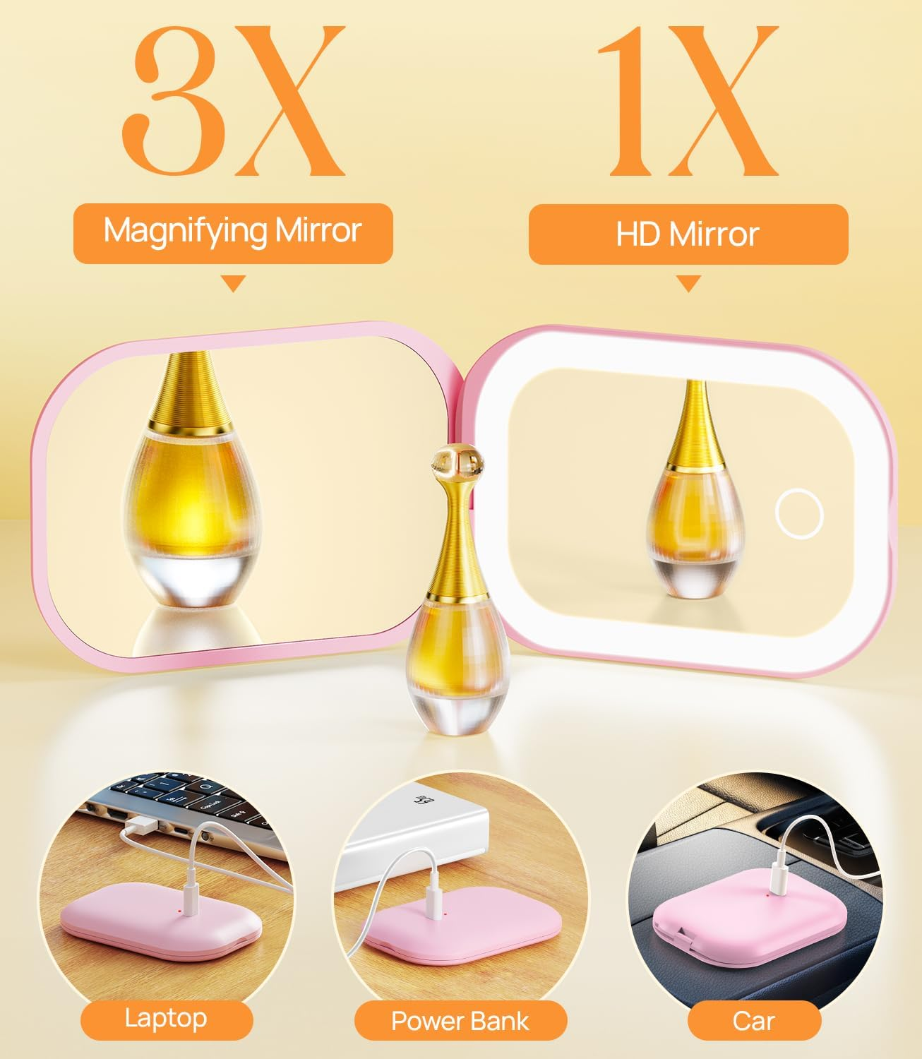 Gospire Lighted Travel Makeup Mirror with Light and Magnification, 3X Magnification Rechargeable Compact Mirror with Three-Color Adjustable Light, Led Mini Mirror for Purse - Pink - Black image number 4