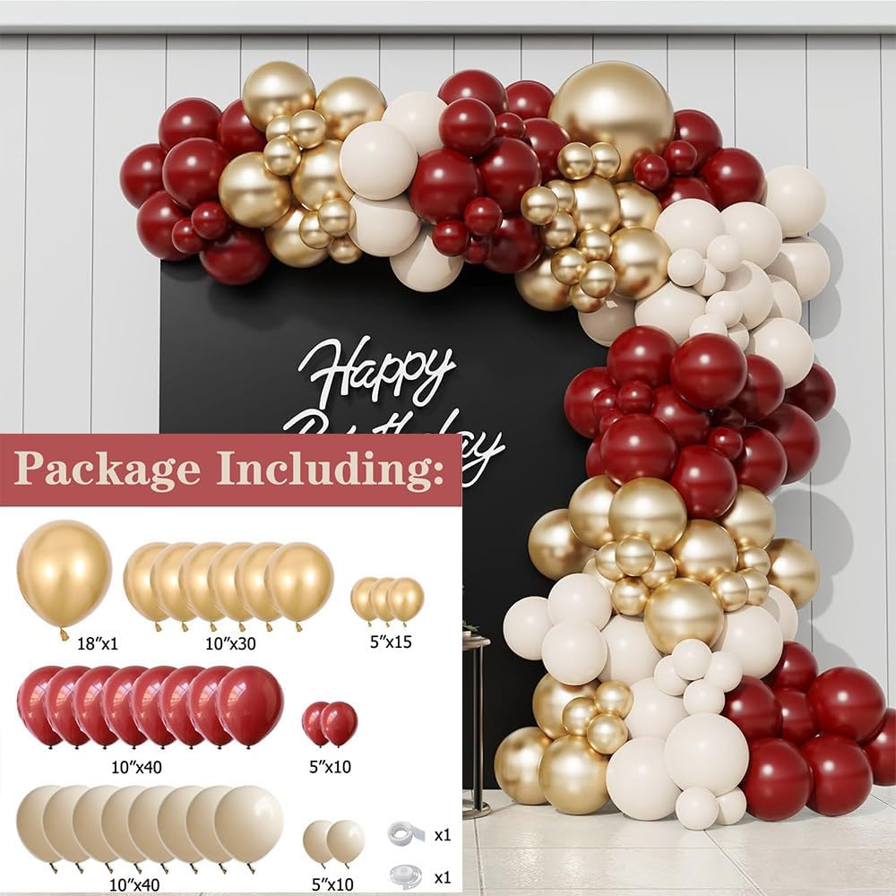 148Pcs Burgundy Balloon Garland Wedding Party Decorations Burgundy Sand White Metallic Gold Balloon Wedding Balloon Garland for Valentines Day Wedding Anniversary Birthday Party Decorations image number 2
