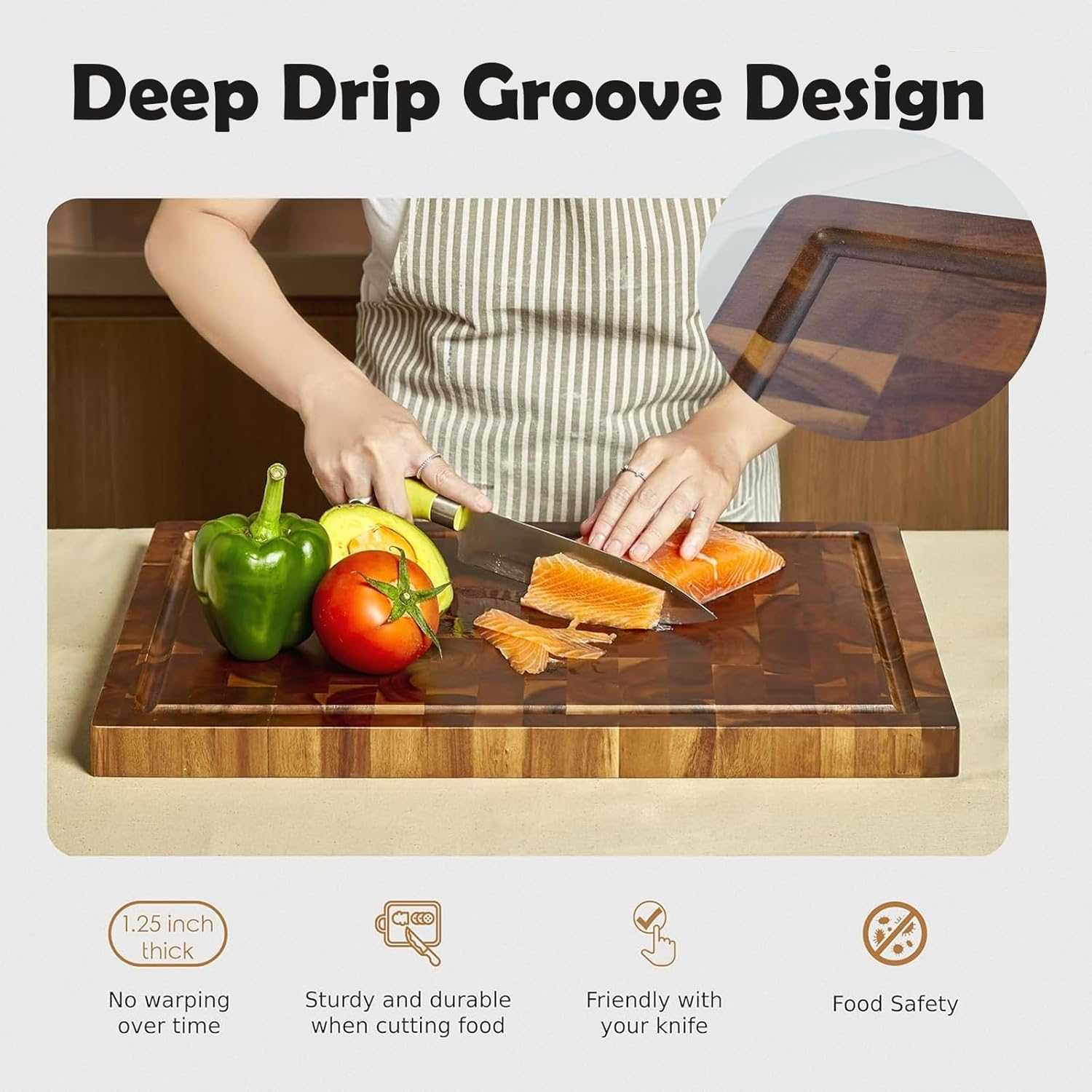 Wooden Chopping Board, End Grain Cutting Boards with Juice Groove & Handle, 40 * 30 * 3 CM Checkered Chopping Board Charcuterie Board, Chopping Mat for Meat, Vegetables, Fruit image number 5
