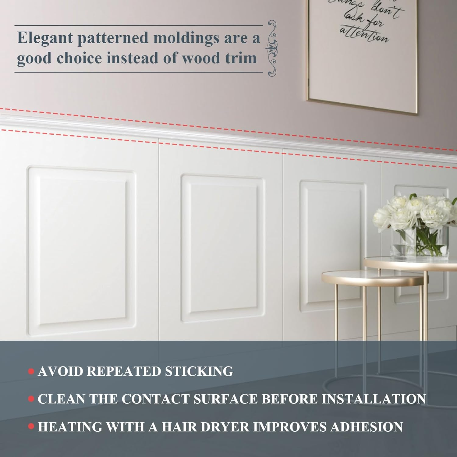 EFUTURETIME 5 Metre Self-Adhesive Wall Strips, 32 Mm Wide, Glossy Trim, Stucco Moulding Wall for DIY, Decoration, Mirrors, Picture Frames, Cabinets, White, Model YT155 image number 3