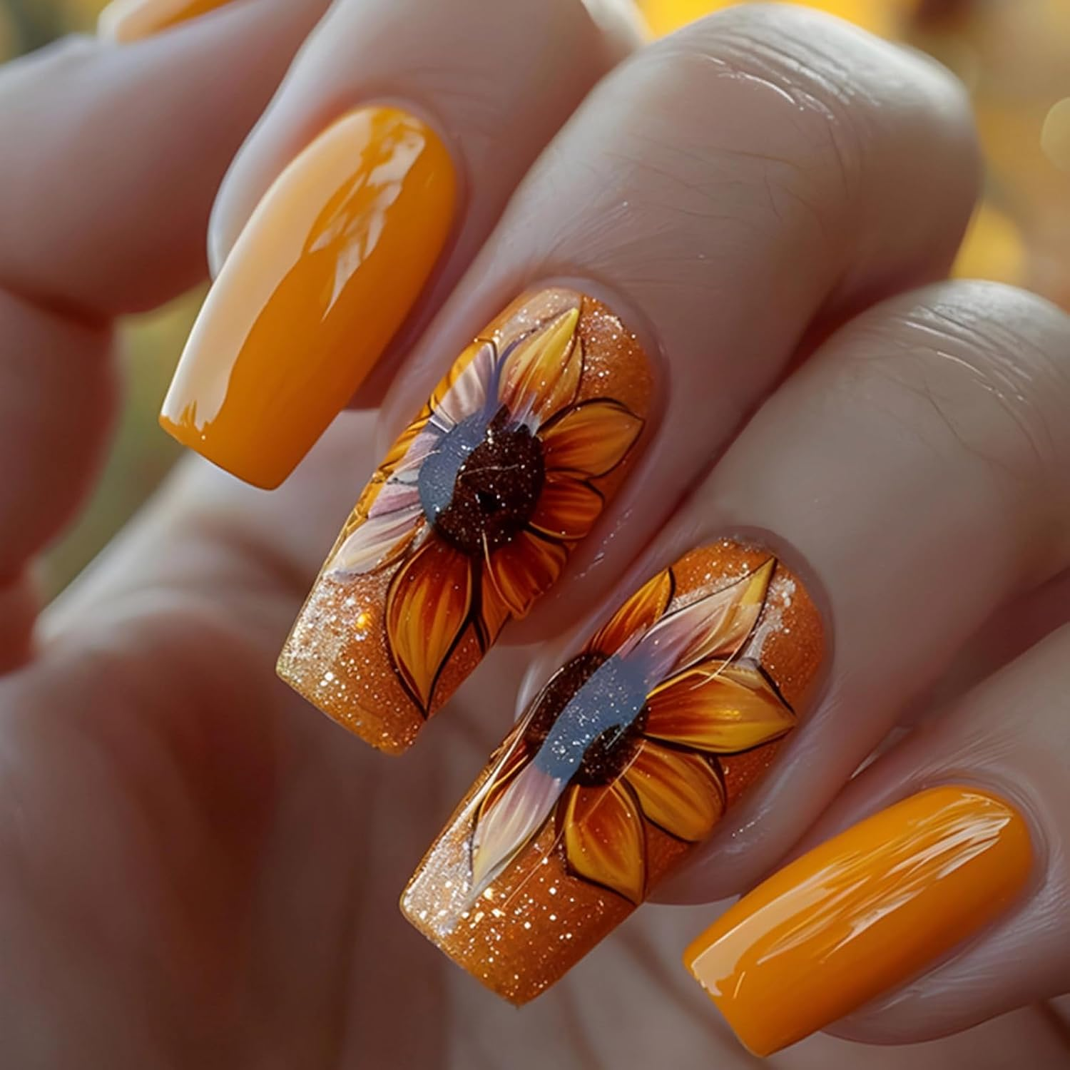 MISUD Press Nails Long Coffin False Nails Glossy Glue on Nails Gel Nude Acrylic Nails Bling Gold Glitter French Tip Ballerina Artificial Nails 3D Flower Rhinestone False Nails with Di