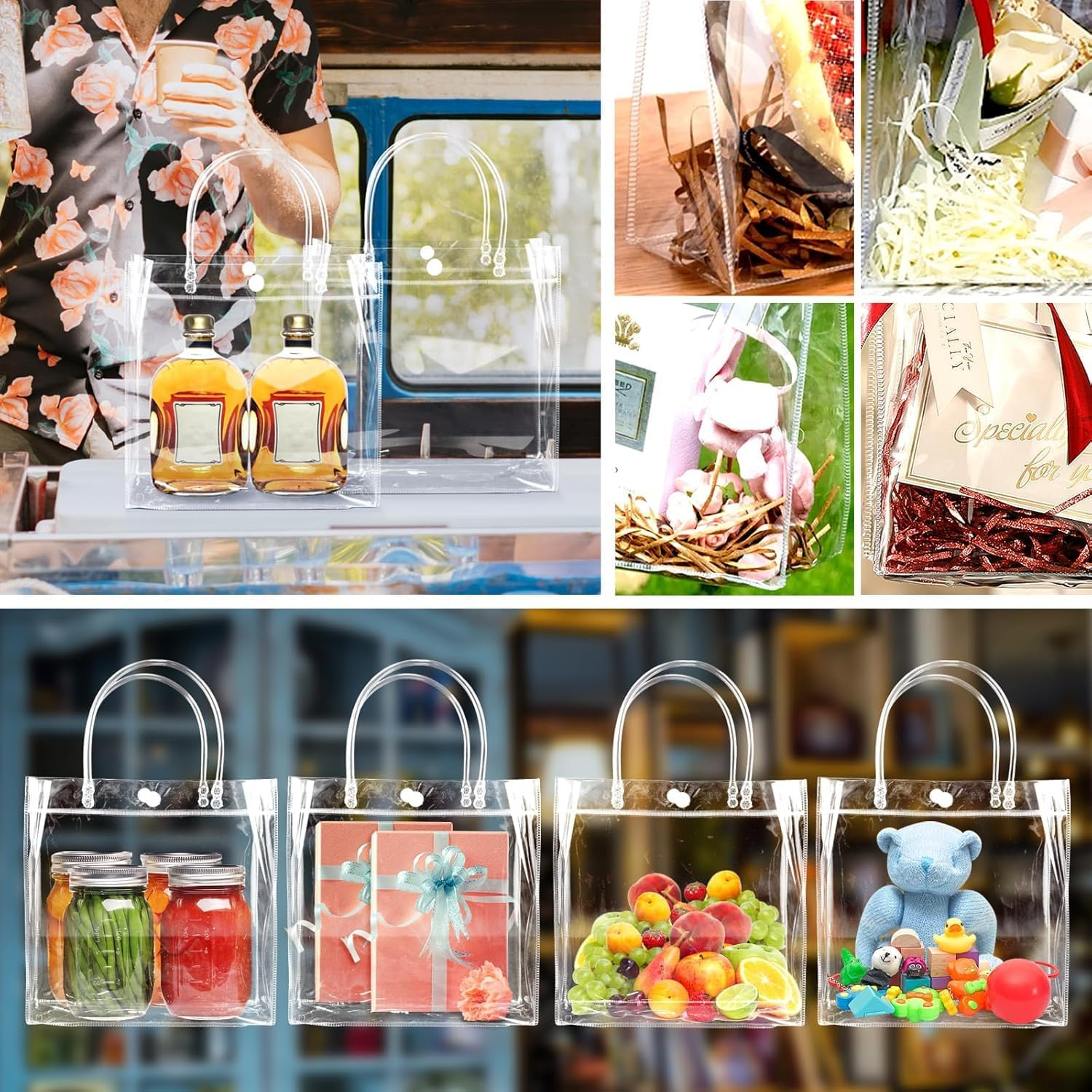 Acaiciee 15 PCS Clear Gift Bags with Handles, 6.89" X 6.89" X 3.54", Reusable Transparent Plastic Clear Gift Bags for Wedding, Birthday, Baby Shower, Party, Halloween, Christmas image number 6