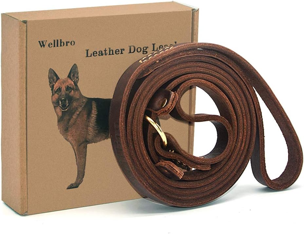 Wellbro Real Leather Slip Lead Dog Leash, Soft Adjustable Pet Slip Leads with Slider, Heavy Duty Flat Dog Training Leash for Medium and Large Dogs, 6Ft Long by 0.7 Inch Wide, Brown image number 6