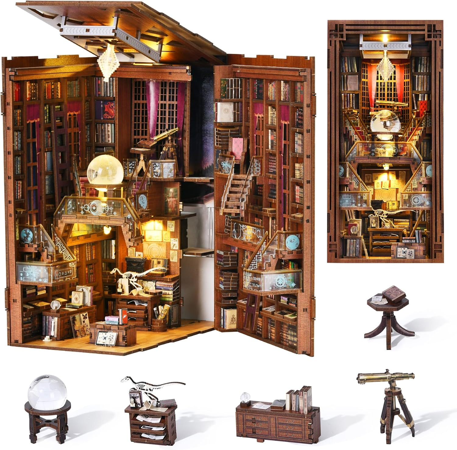 Book Nook Kit, DIY Miniature Dollhouse Booknook Kit, 3D Wooden Puzzle Bookend Bookshelf Insert Decor with LED Light for Teens and Adults(Beyond Library Max)